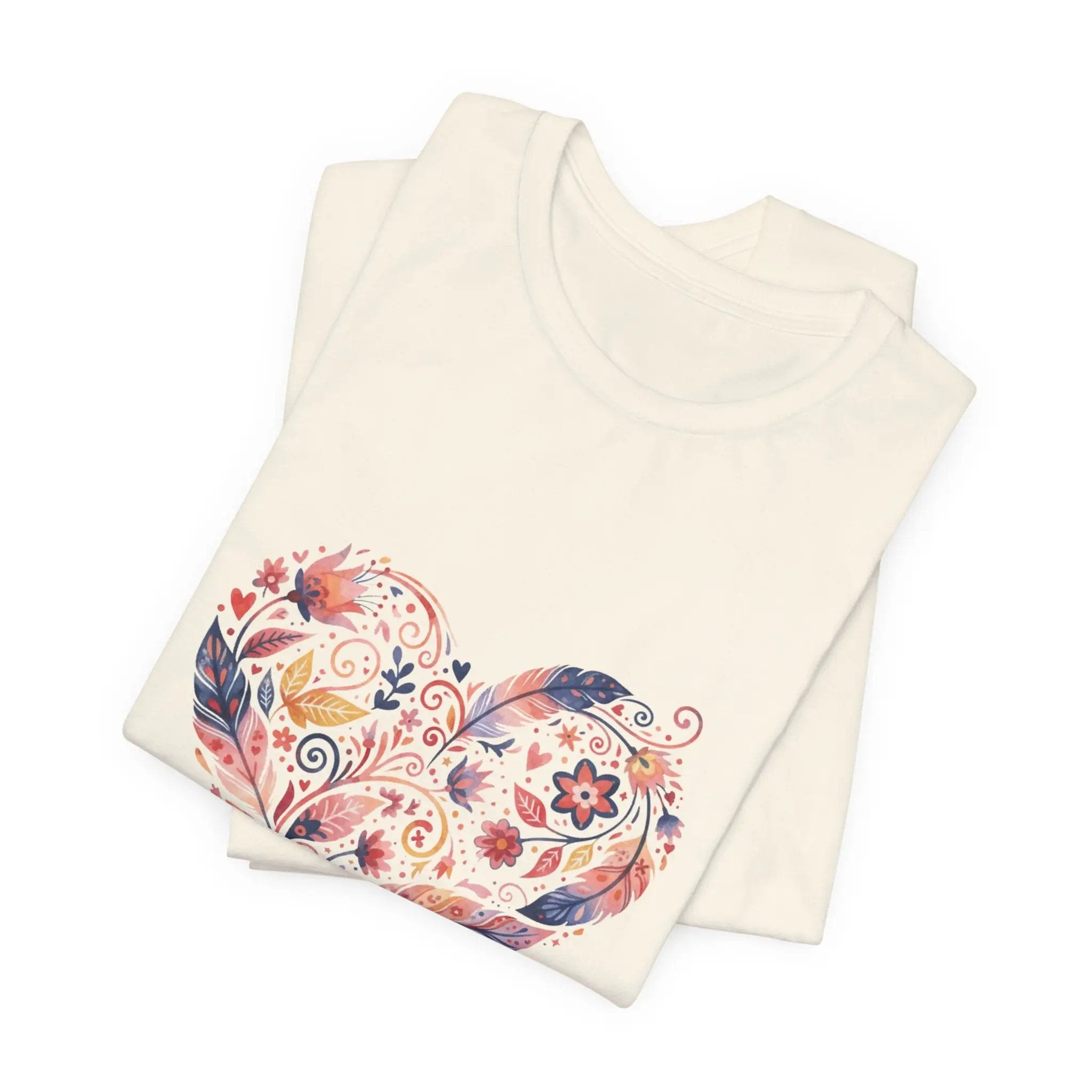 Floral Heart Graphic Tee — Boho Feather & Flower Design - Mallard Moon
