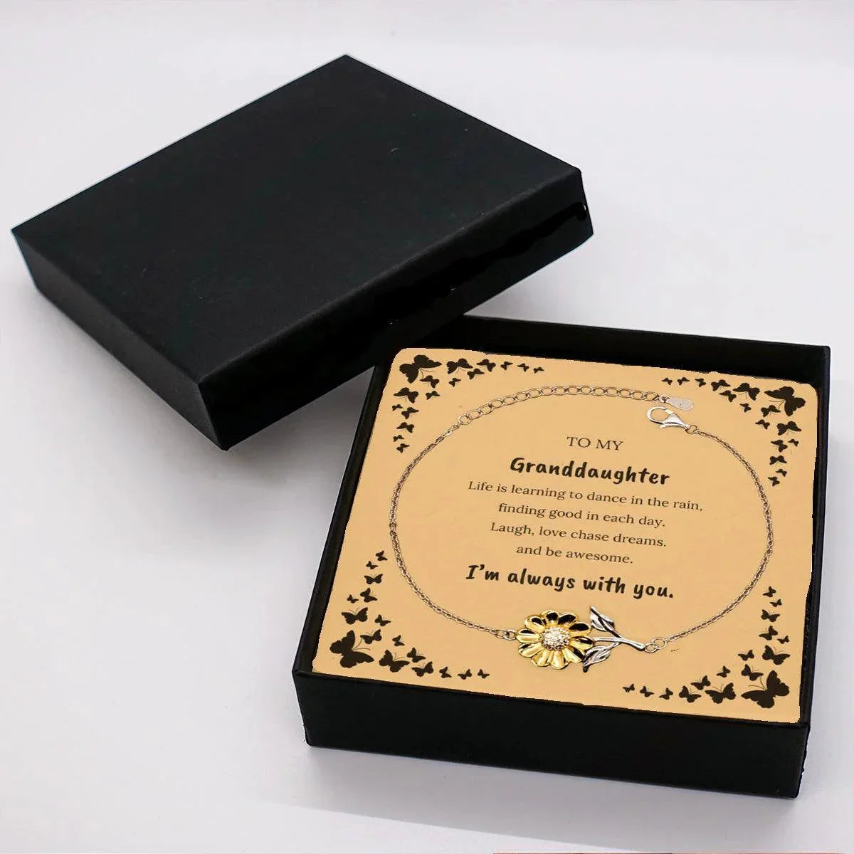 Granddaughter Sunflower Bracelet, Motivational Message Birthday Gifts Life is learning to dance in the rain,