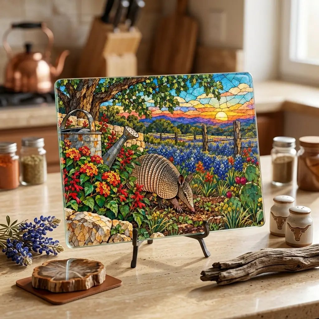 Texas Armadillo Glass Cutting Board, Bluebonnet Kitchen Decor, Stained Glass Style Texas Wildlife Gift, Country Garden Housewarming Gift