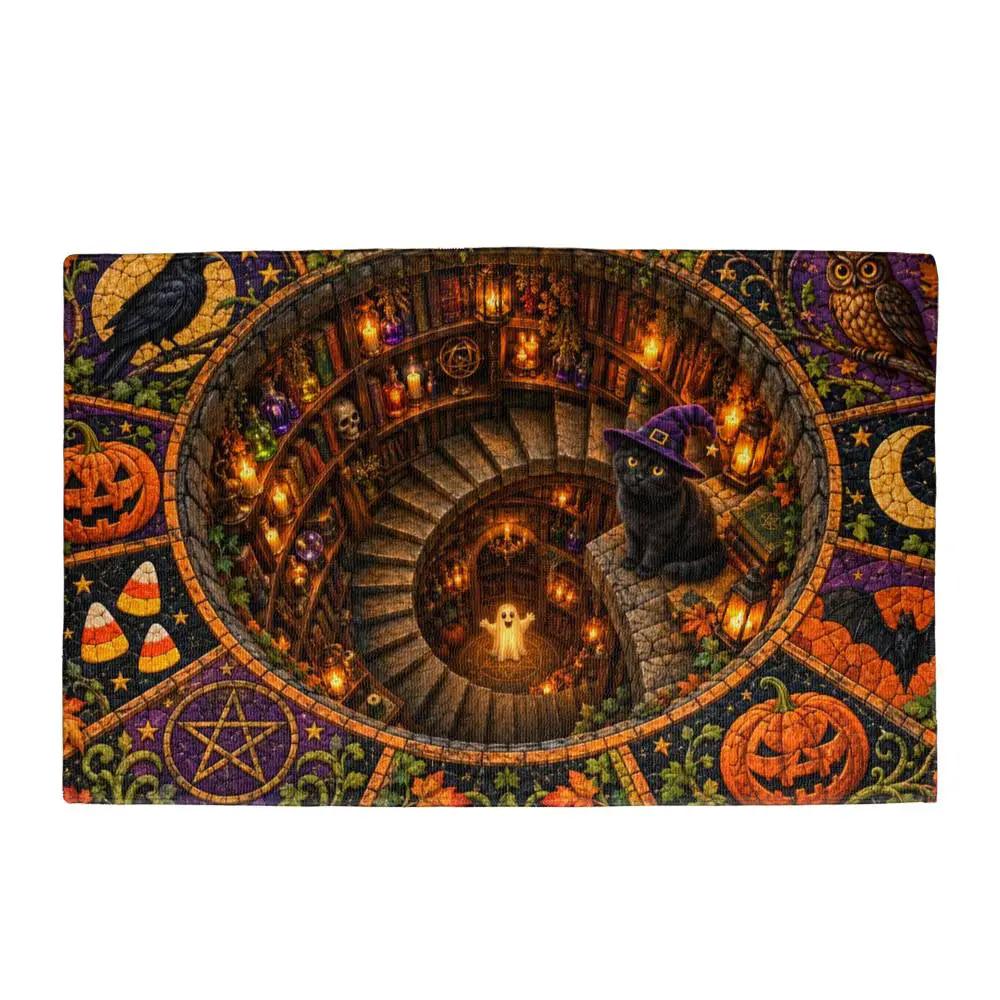 Black Cat 3D Halloween Doormat, Witchy Spiral Staircase Door Mat, Spooky Cat Welcome Mat, Pumpkin Halloween Porch Decor