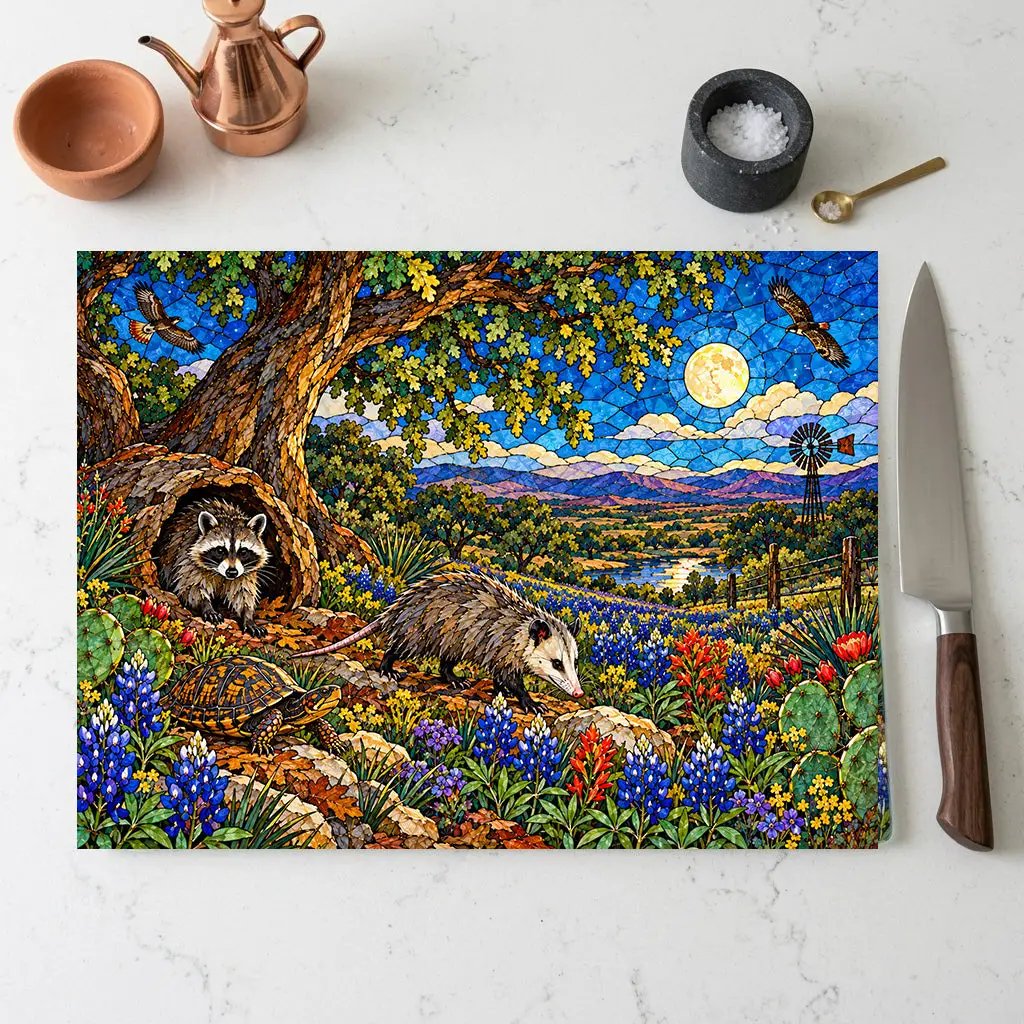 Raccoon and Possum Glass Cutting Board, Texas Wildlife Kitchen Decor, Opossum Raccoon Gift, Bluebonnet Country Cutting Board