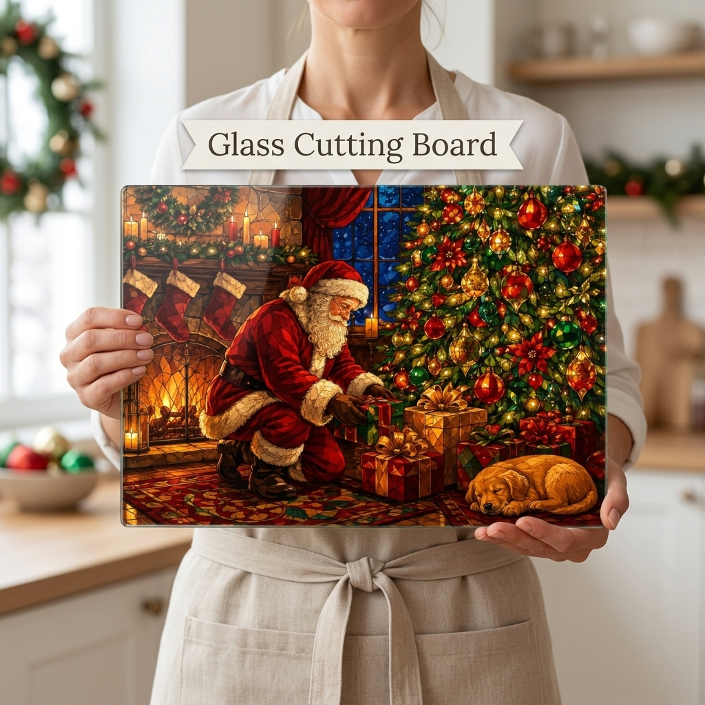 Santa Christmas Glass Cutting Board, Santa and Puppy Kitchen Decor, Christmas Eve Serving Board, Stained Glass Holiday Gift, Santa Decor