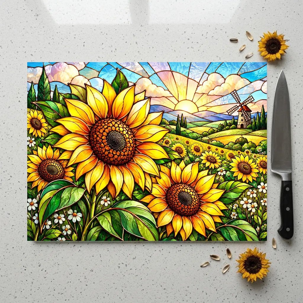 Sunflower Glass Cutting Board, Windmill Kitchen Decor, Sunflower Meadow Cutting Board, Country Floral Gift, Stained Glass Kitchen Art