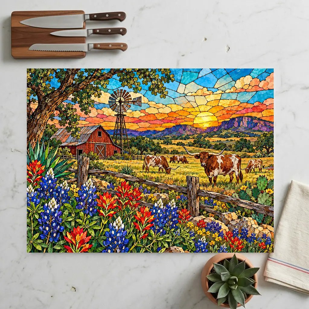 Texas Longhorn Glass Cutting Board, Bluebonnet Ranch Kitchen Decor, Western Farmhouse Gift, Texas Country Decor, Longhorn Cattle Art