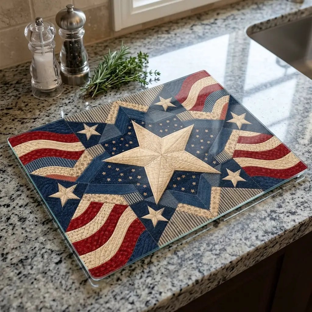 Patriotic Quilt Cutting Board, American Flag Glass Cutting Board, Americana Star Kitchen Decor, Quilter Gift, Red White Blue Decor