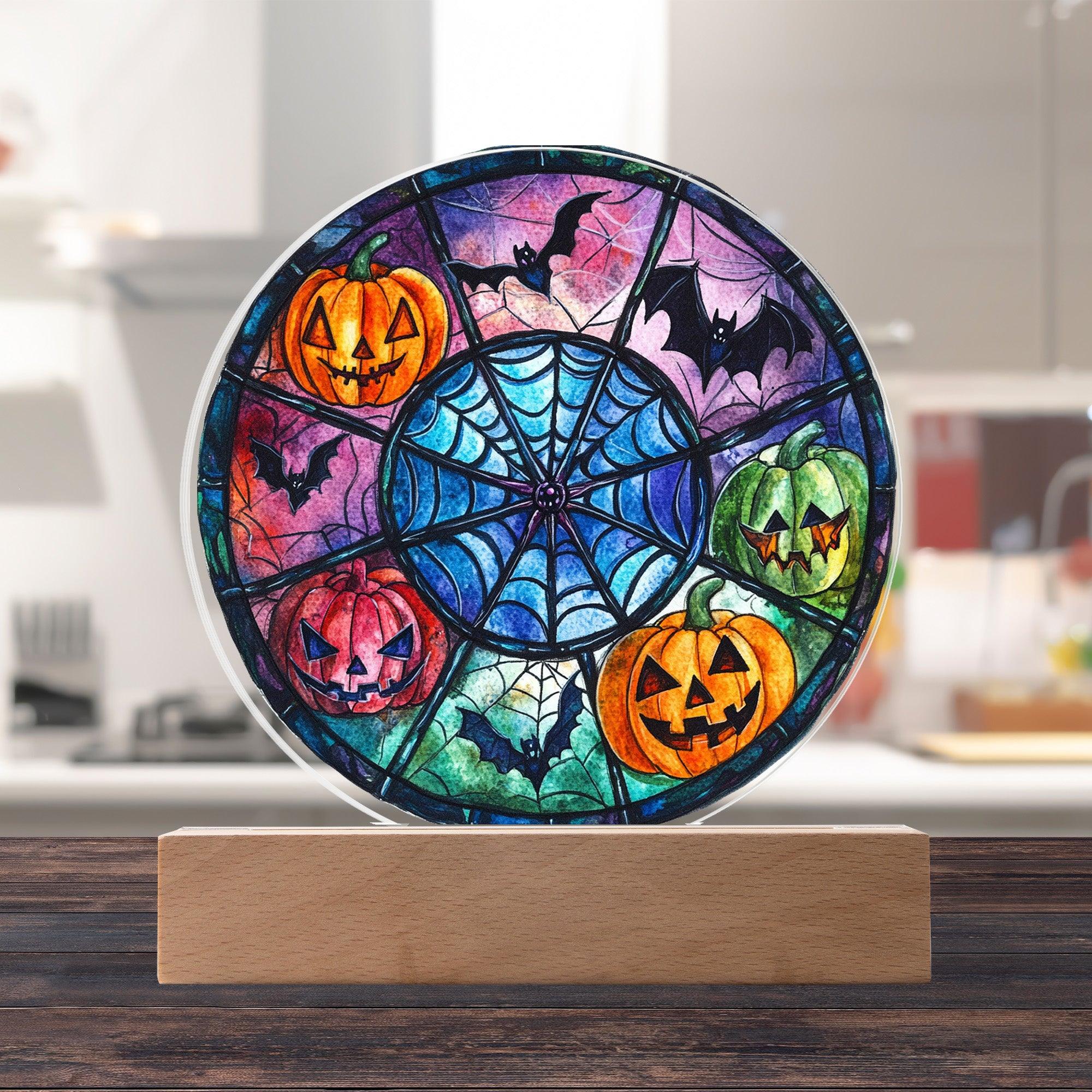 Spooky Halloween Decor Round Acrylic Plaque with Lighted LED Wooden Base - Mallard Moon Gift Shop