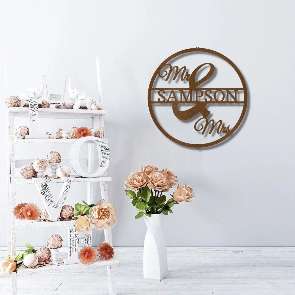 Mr and Mrs Circle Custom Name Steel Wall Sign