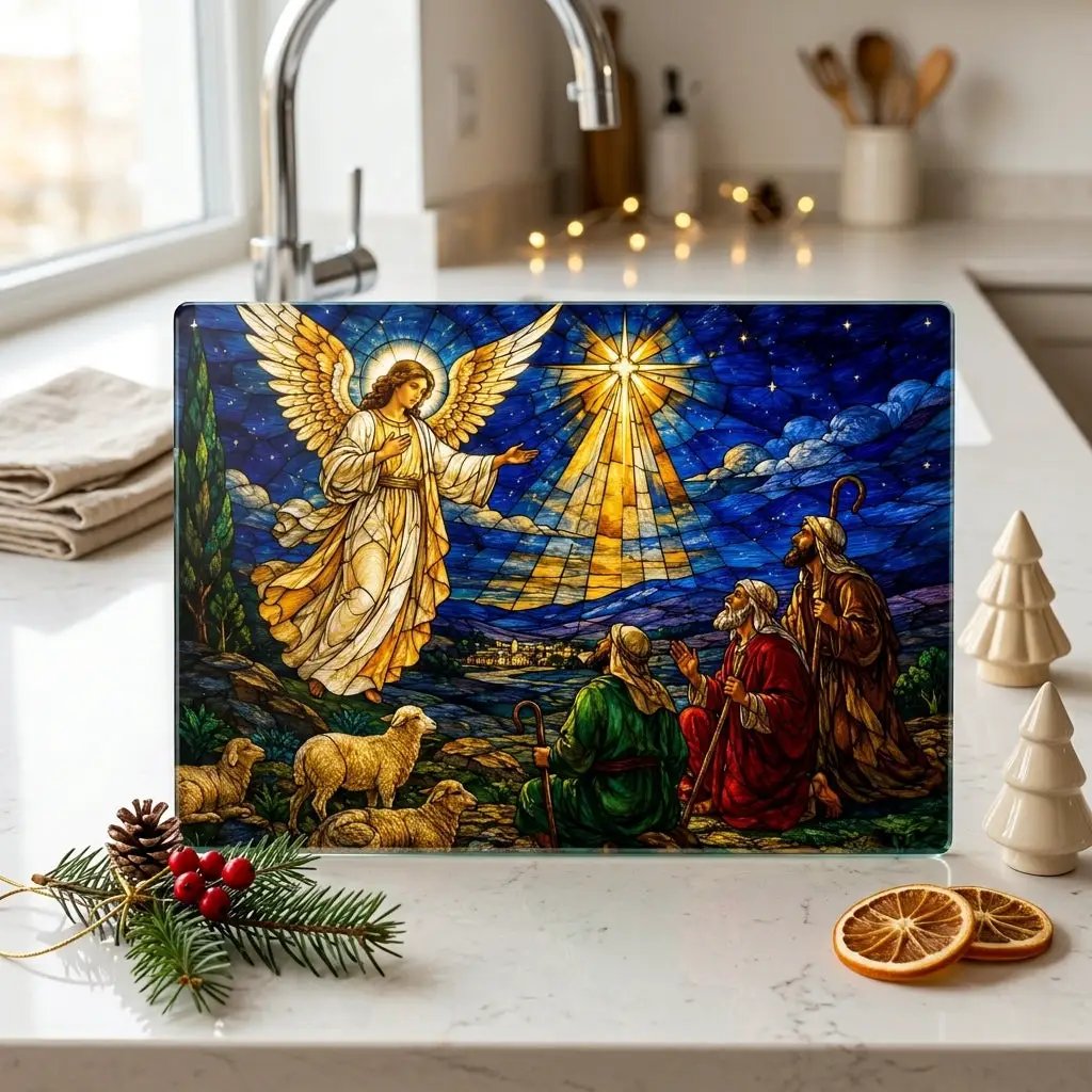 Angel and Shepherds Glass Cutting Board, Christian Christmas Gift, Nativity Kitchen Decor, Religious Christmas Decor, Stained Glass Art