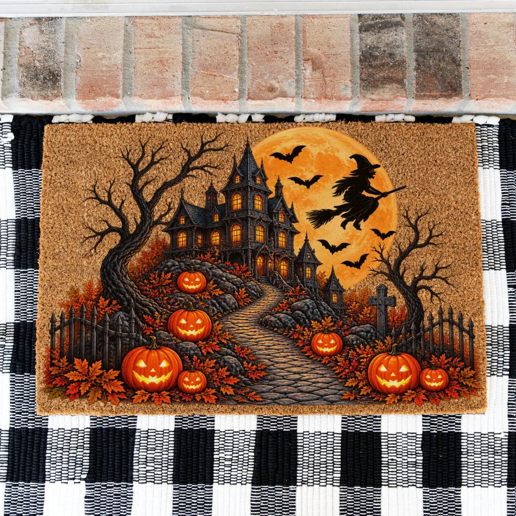 Haunted House Doormat, Halloween Witch Welcome Mat, Spooky Mansion Coir Doormat, Jack O Lantern Door Mat, Gothic Halloween Porch Decor
