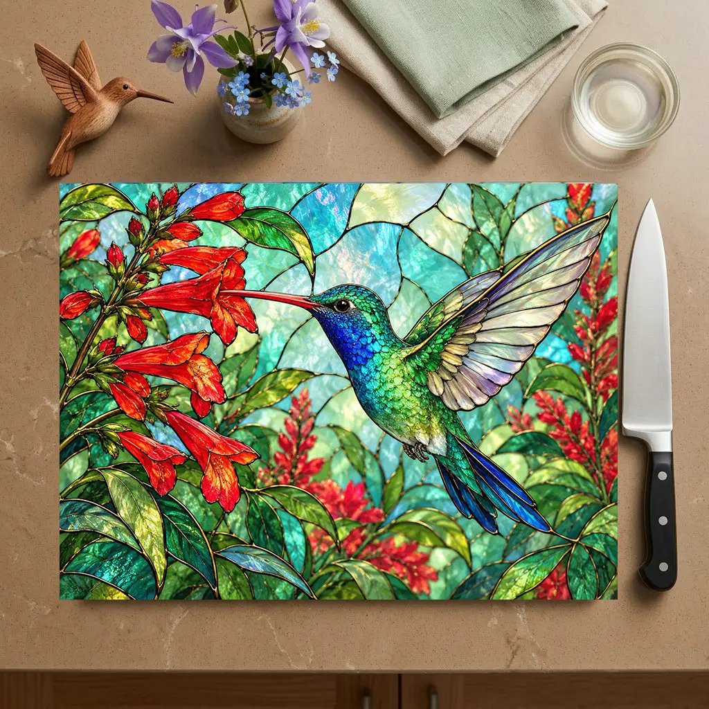 Hummingbird Cutting Board, Stained Glass Hummingbird Decor, Red Flower Kitchen Decor, Bird Lover Gift, Nature Inspired Gift