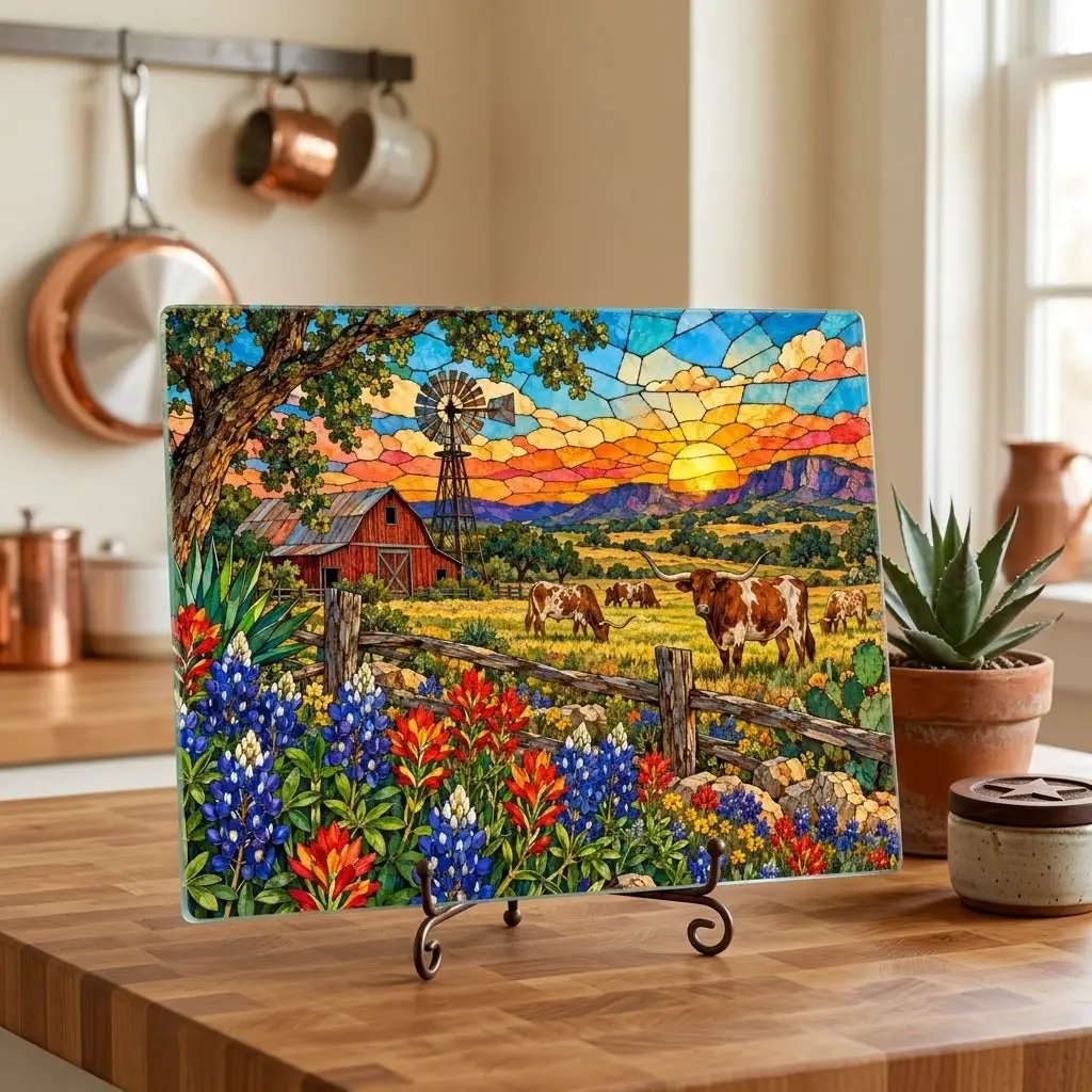 Texas Longhorn Glass Cutting Board, Bluebonnet Ranch Kitchen Decor, Western Farmhouse Gift, Texas Country Decor, Longhorn Cattle Art