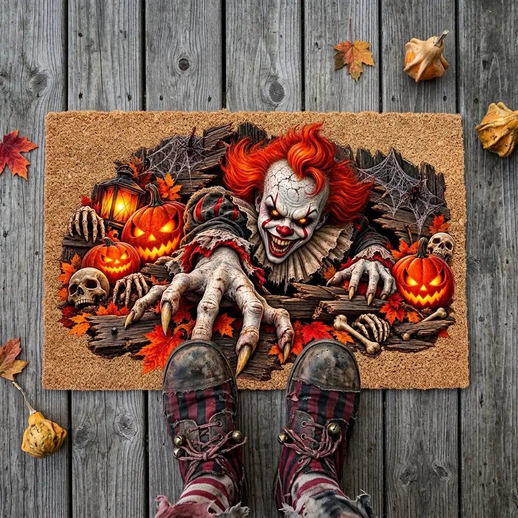 Horror Clown Doormat, Scary Halloween Coir Mat, Creepy Clown & Pumpkin Welcome Mat, Haunted House Porch Decor, Horror Lover Gift