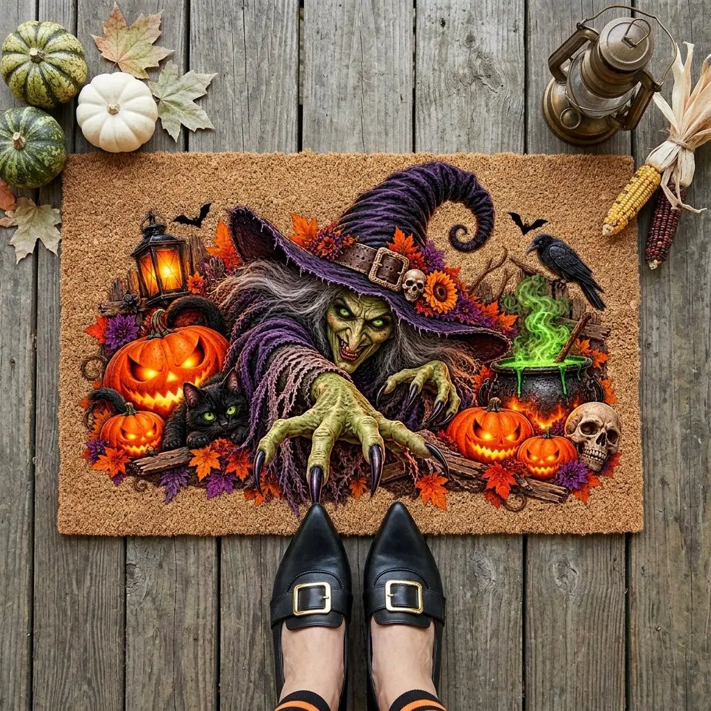 Horror Witch Doormat, Scary Halloween Coir Mat, Creepy Witch & Black Cat Welcome Mat, Pumpkin Porch Decor, Haunted House Door Mat