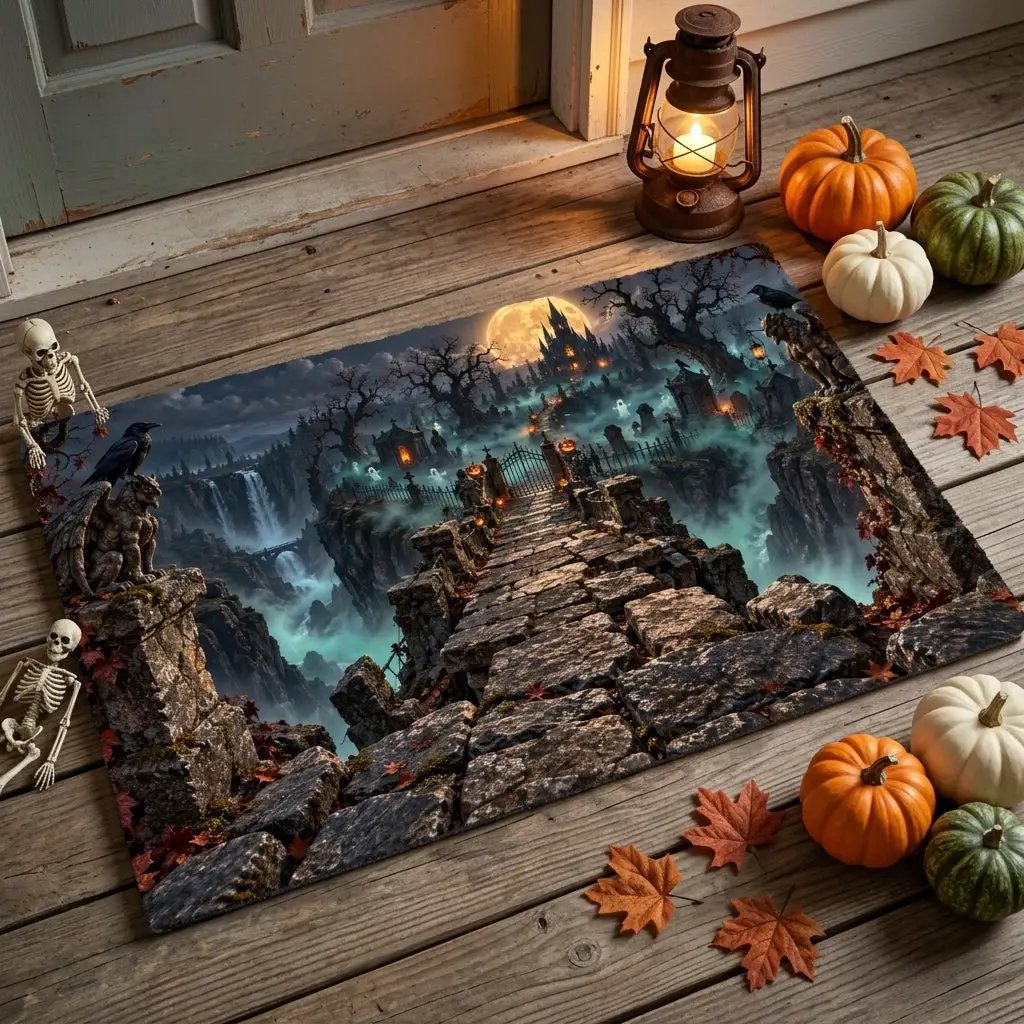 Haunted Graveyard 3D Doormat, Spooky Halloween Door Mat, Gothic Cemetery Welcome Mat, Haunted Castle Halloween Porch Decor