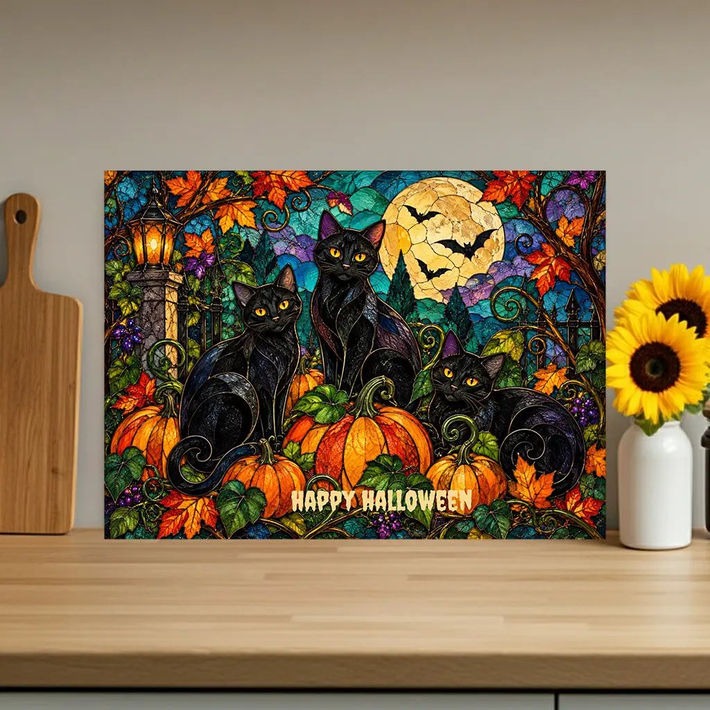 Halloween Black Cats Personalized Glass Cutting Board, Spooky Pumpkin Kitchen Decor