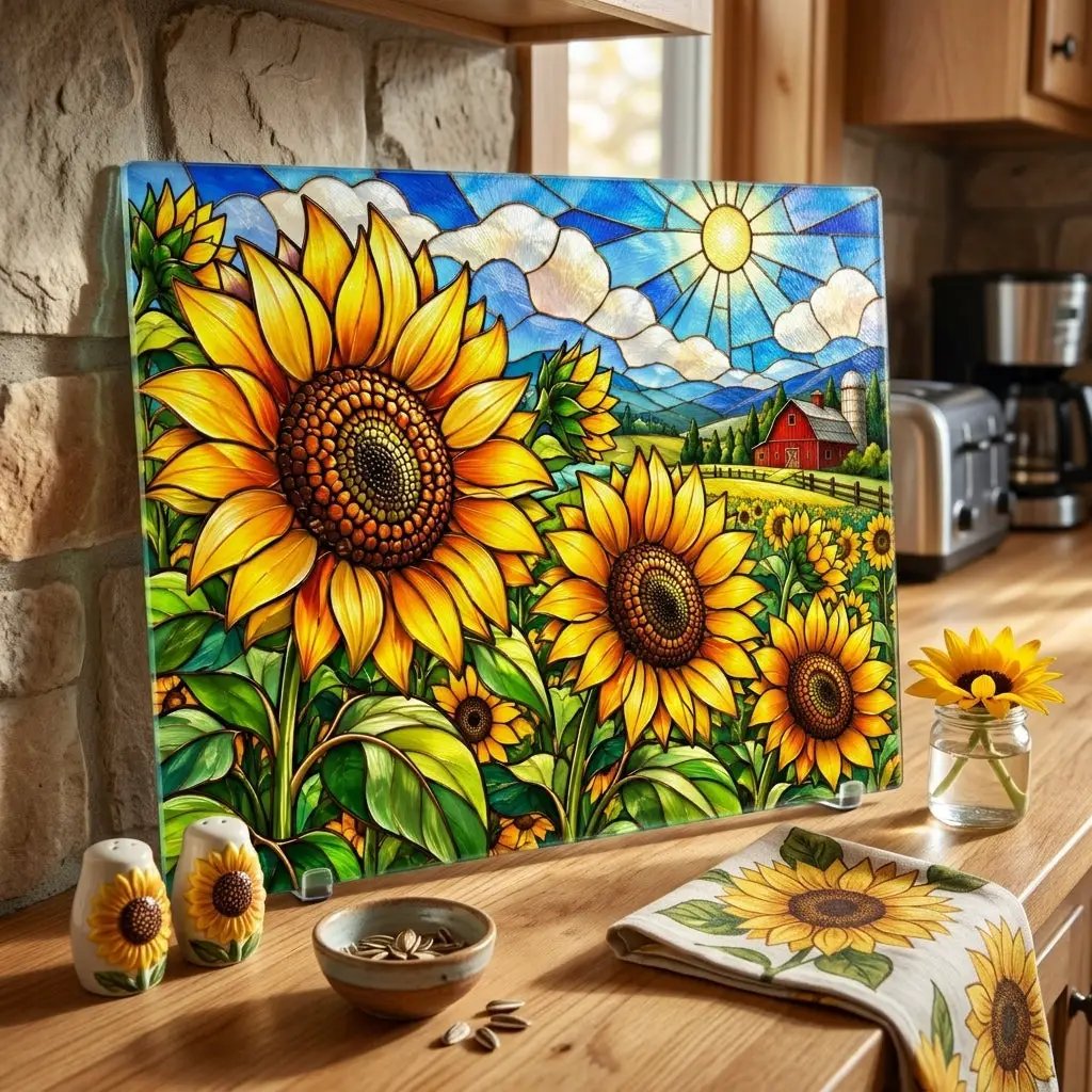 Sunflower Glass Cutting Board, Farmhouse Kitchen Decor, Country Sunflower Chopping Board, Stained Glass Floral Gift, Housewarming Gift