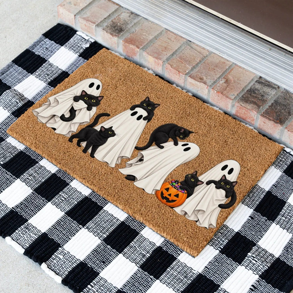 Halloween Black Cat Doormat, Cute Ghost Welcome Mat, Funny Cat Halloween Decor, Spooky Fall Porch Decor, Cat Lover Gift, Coir Door Mat