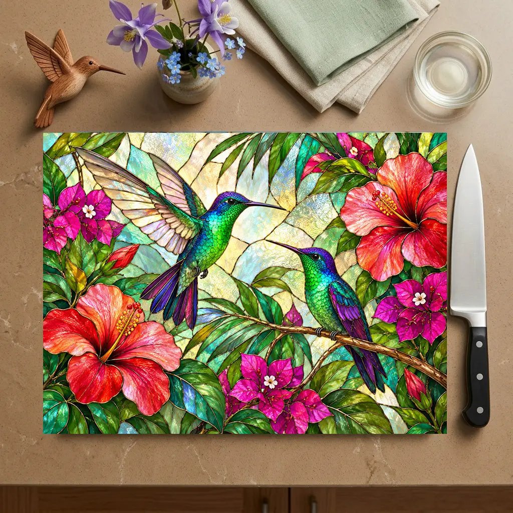 Hummingbird Cutting Board, Stained Glass Bird Decor, Tropical Hibiscus Kitchen Decor, Colorful Hummingbird Gift, Nature Lover Gift