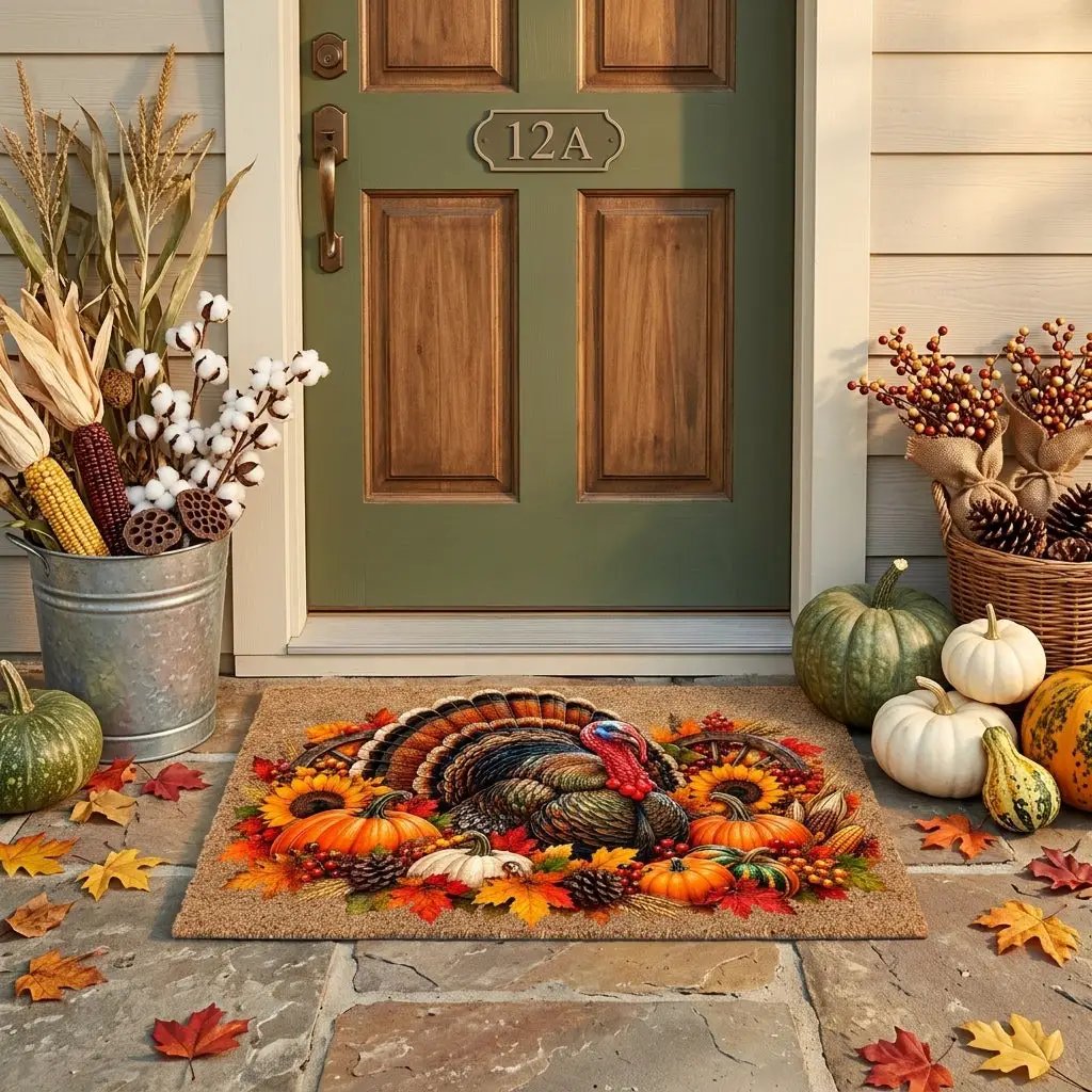 Thanksgiving Turkey Doormat, Fall Turkey Welcome Mat, Harvest Pumpkin Coir Doormat, Farmhouse Autumn Porch Decor, Thanksgiving Door Mat