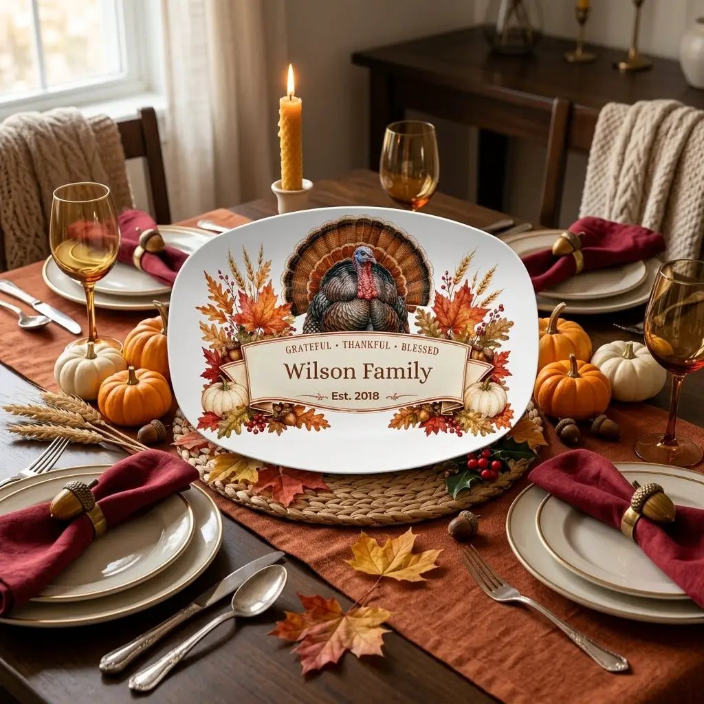 Personalized Thanksgiving Platter with Turkey, Custom Family Name Serving Platter, Grateful Thankful Blessed, Thanksgiving Hostess Gift