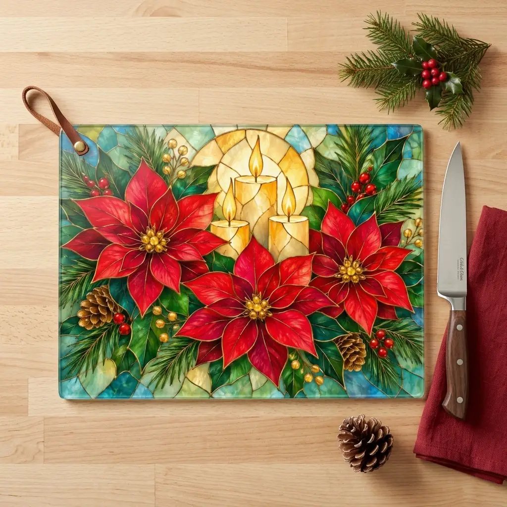 Christmas Poinsettia Glass Cutting Board, Holiday Candle Kitchen Decor, Tempered Chopping Board, Festive Winter Kitchen Gift Idea