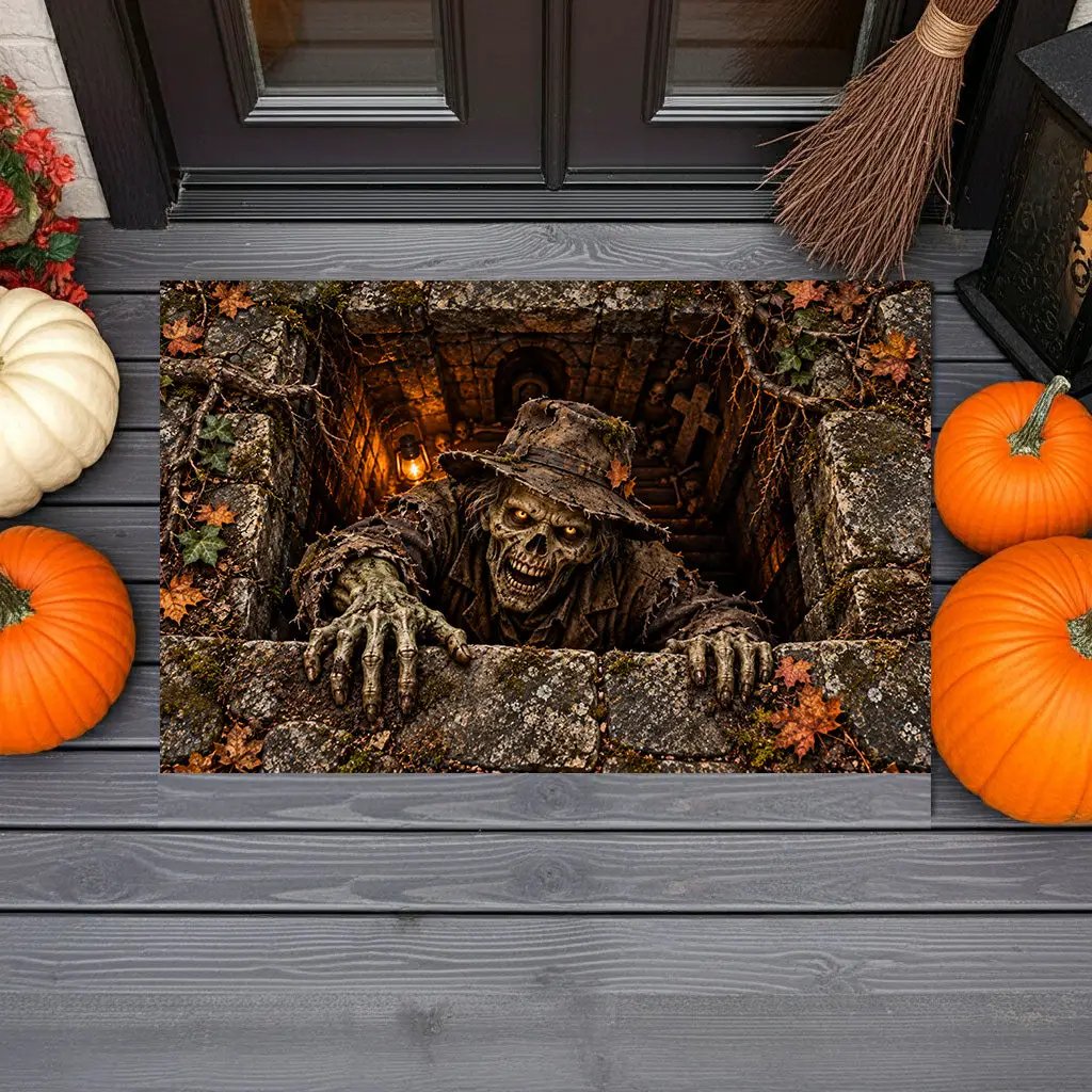 Undead Groundskeeper Halloween Doormat, 3D Zombie Optical Illusion Mat, Creepy Graveyard Door Mat, Haunted Crypt Halloween Decor
