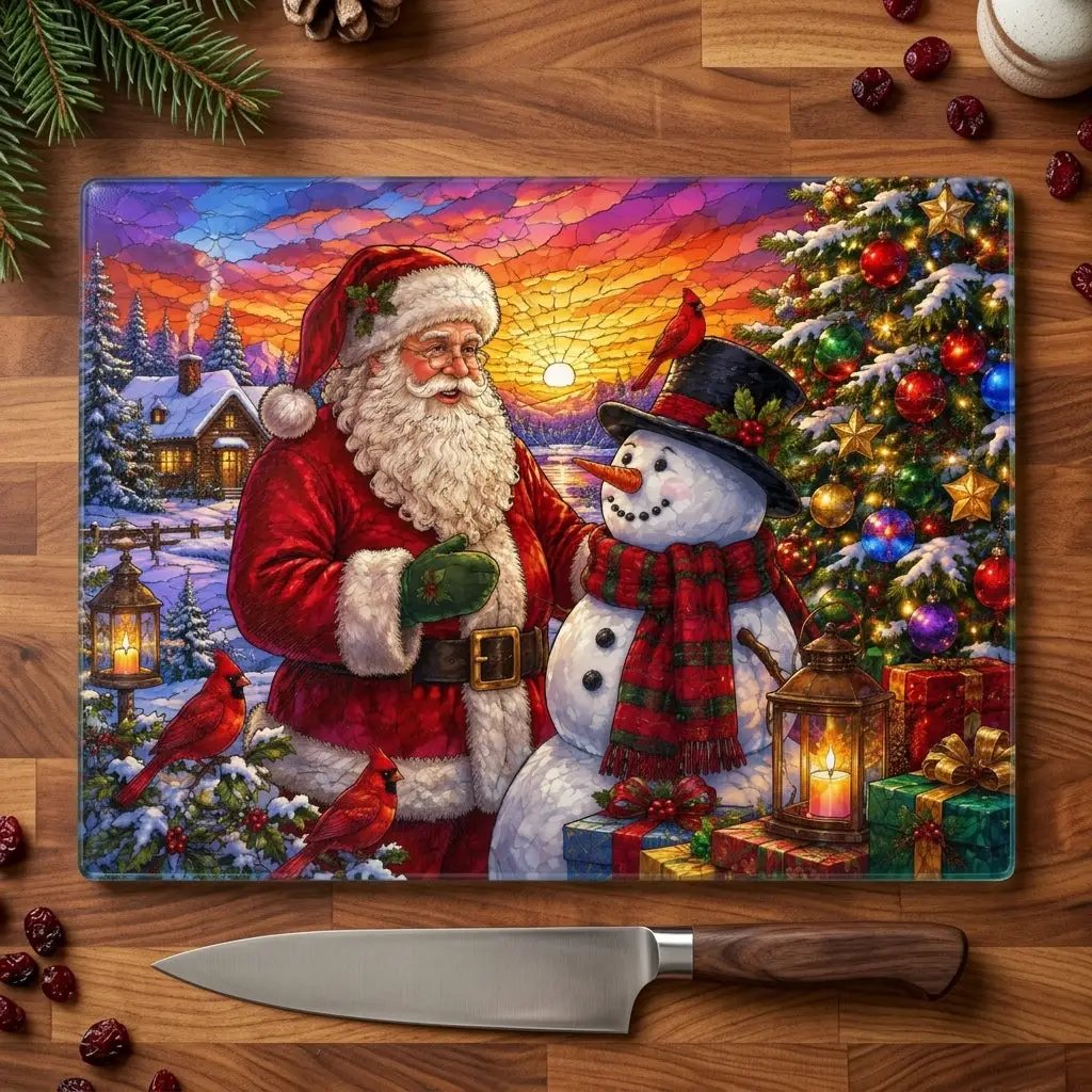 Santa and Snowman Glass Cutting Board, Christmas Kitchen Decor, Cardinal Holiday Gift, Stained Glass Christmas Serving Board, Santa Decor