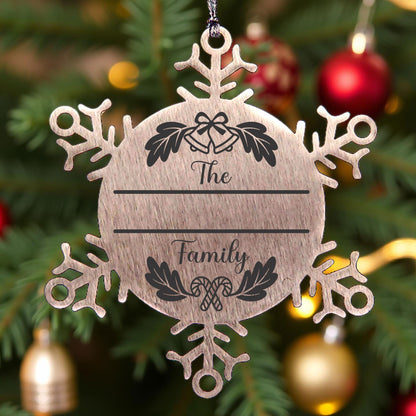Personalized Family Name Christmas Bells Laser Engraved Stainless Steel Snowflake Tree Ornament - Mallard Moon