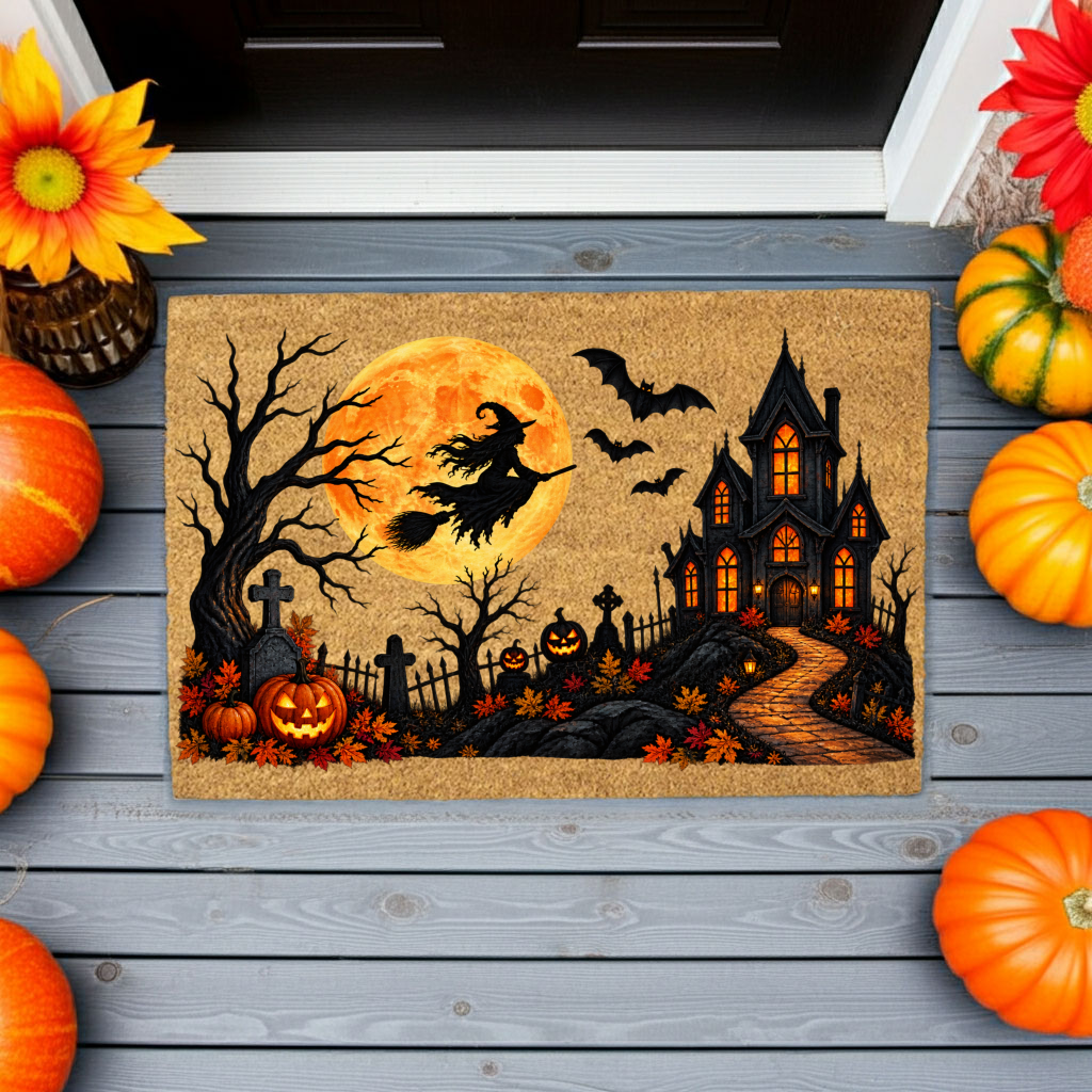 Halloween Witch Doormat, Haunted House Coir Welcome Mat, Spooky Graveyard Porch Decor, Full Moon Halloween Door Mat, Fall Entryway Decor