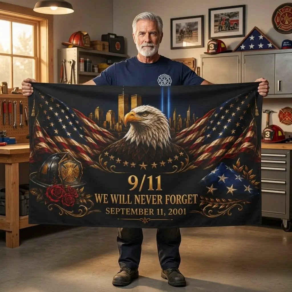 Never Forget 9/11 Double-Sided Memorial Flag – Eagle & Firefighter Tribute