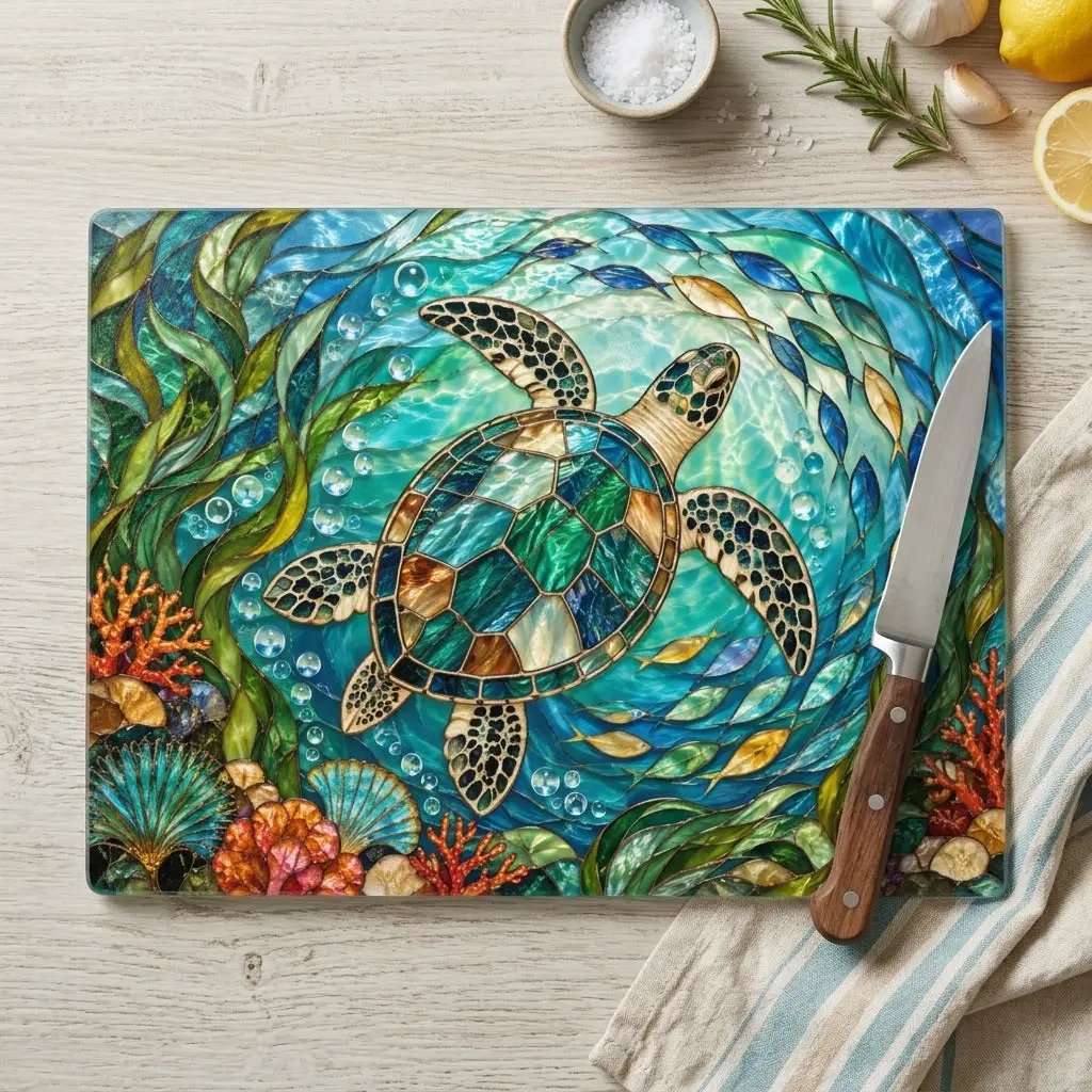 Sea Turtle Glass Cutting Board, Ocean Kitchen Decor, Coastal Serving Board, Underwater Sea Life Chopping Board, Beach House Gift Idea