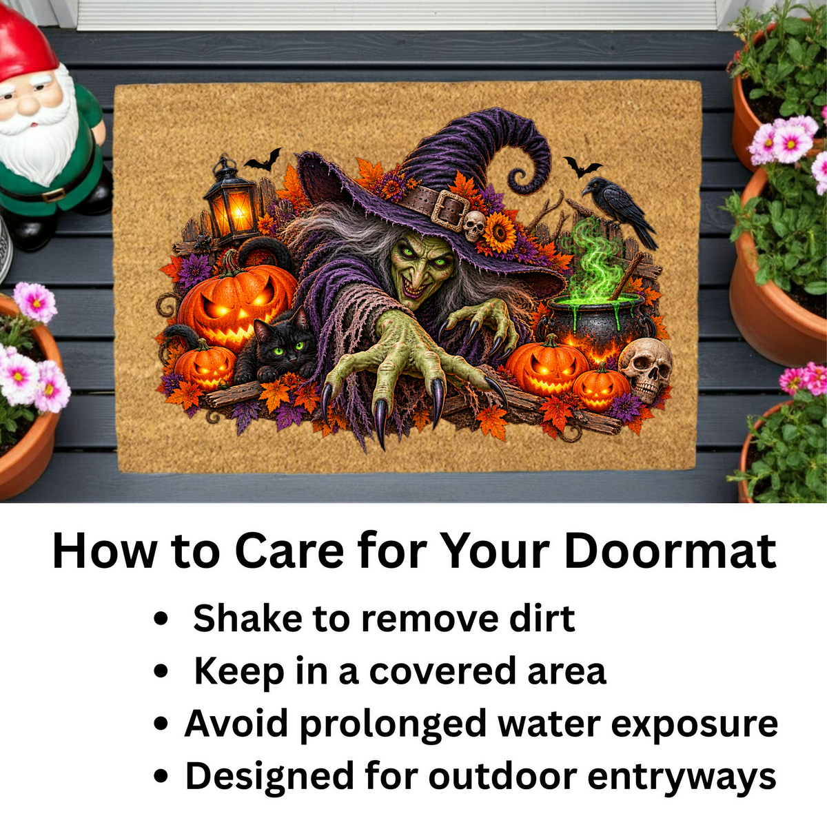 Horror Witch Doormat, Scary Halloween Coir Mat, Creepy Witch & Black Cat Welcome Mat, Pumpkin Porch Decor, Haunted House Door Mat