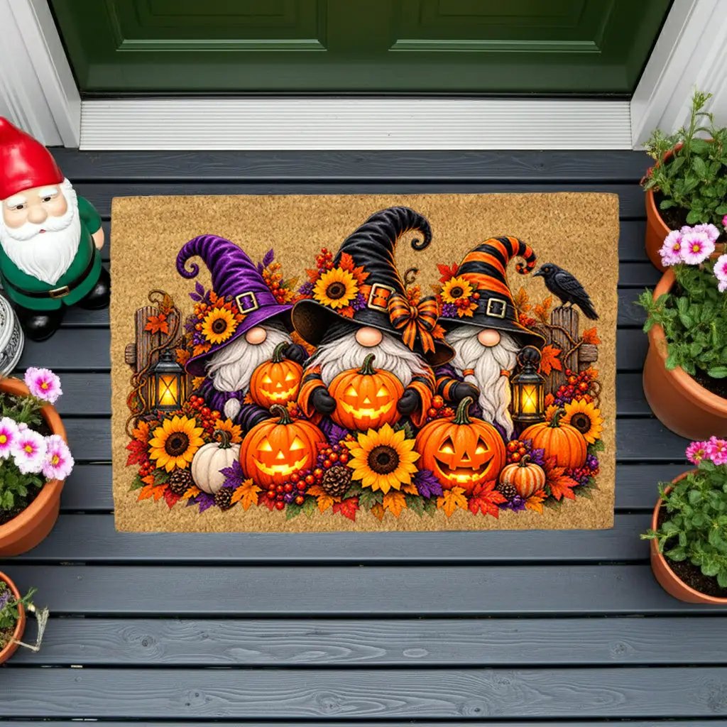 Halloween Gnome Doormat, Witch Gnomes & Pumpkins Coir Mat, Cute Spooky Fall Welcome Mat, Halloween Porch Decor, Autumn Door Mat