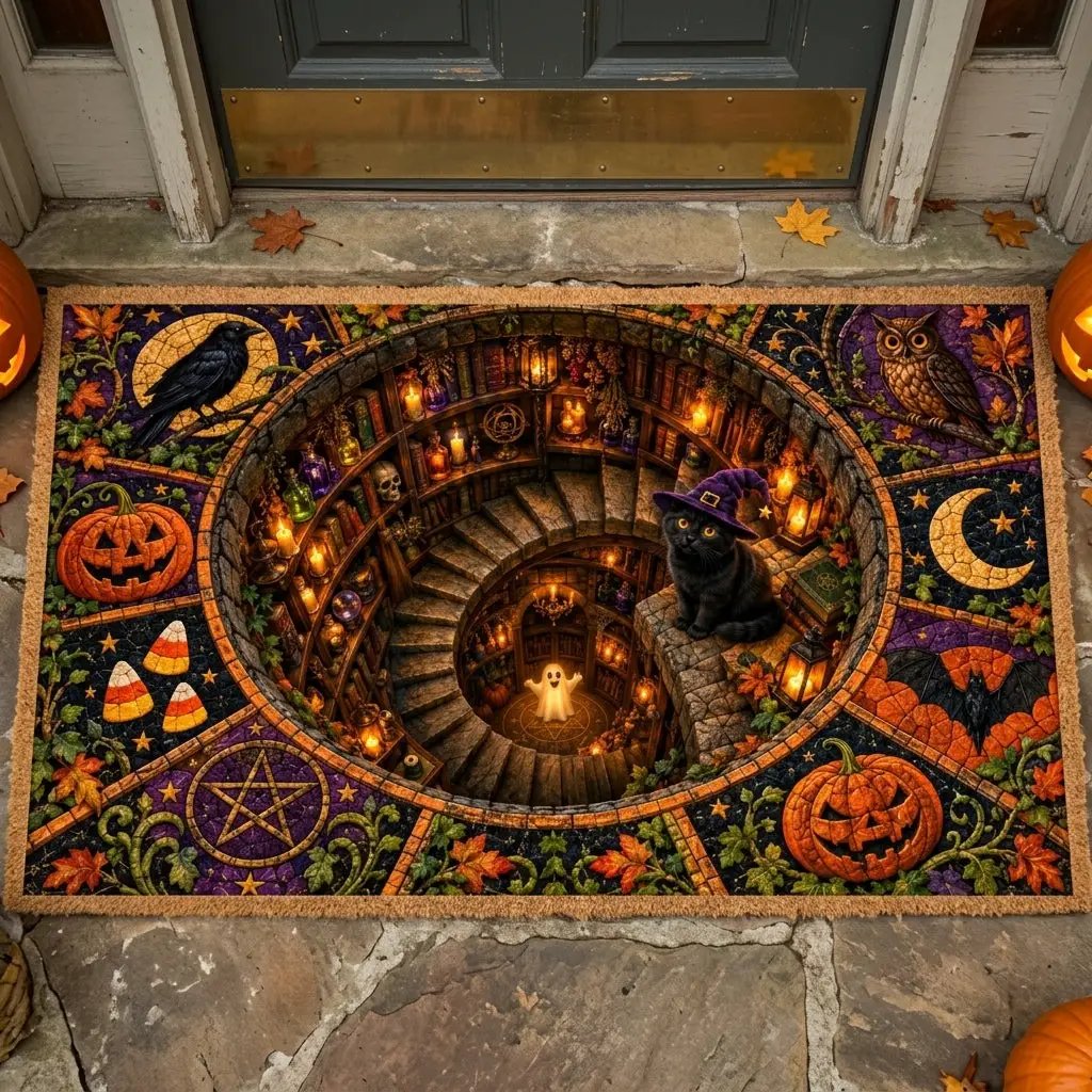 Black Cat 3D Halloween Doormat, Witchy Spiral Staircase Door Mat, Spooky Cat Welcome Mat, Pumpkin Halloween Porch Decor