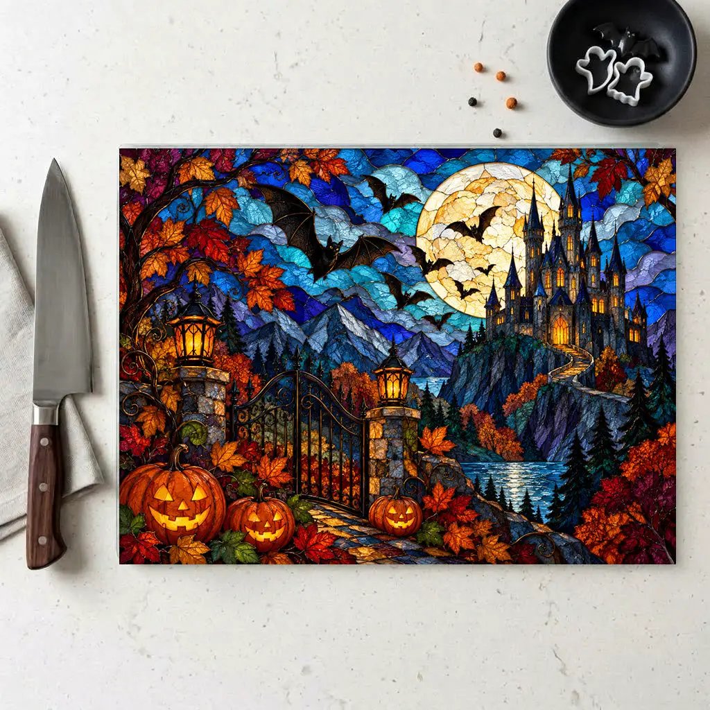 Halloween Castle Personalized Glass Cutting Board, Gothic Haunted House Kitchen Decor