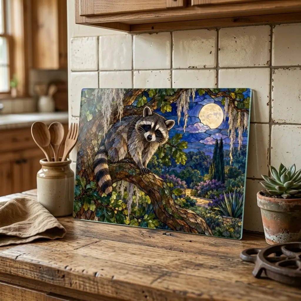 Raccoon Glass Cutting Board, Woodland Kitchen Decor, Moonlit Forest Chopping Board, Wildlife Lover Gift, Rustic Nature Kitchen Accent