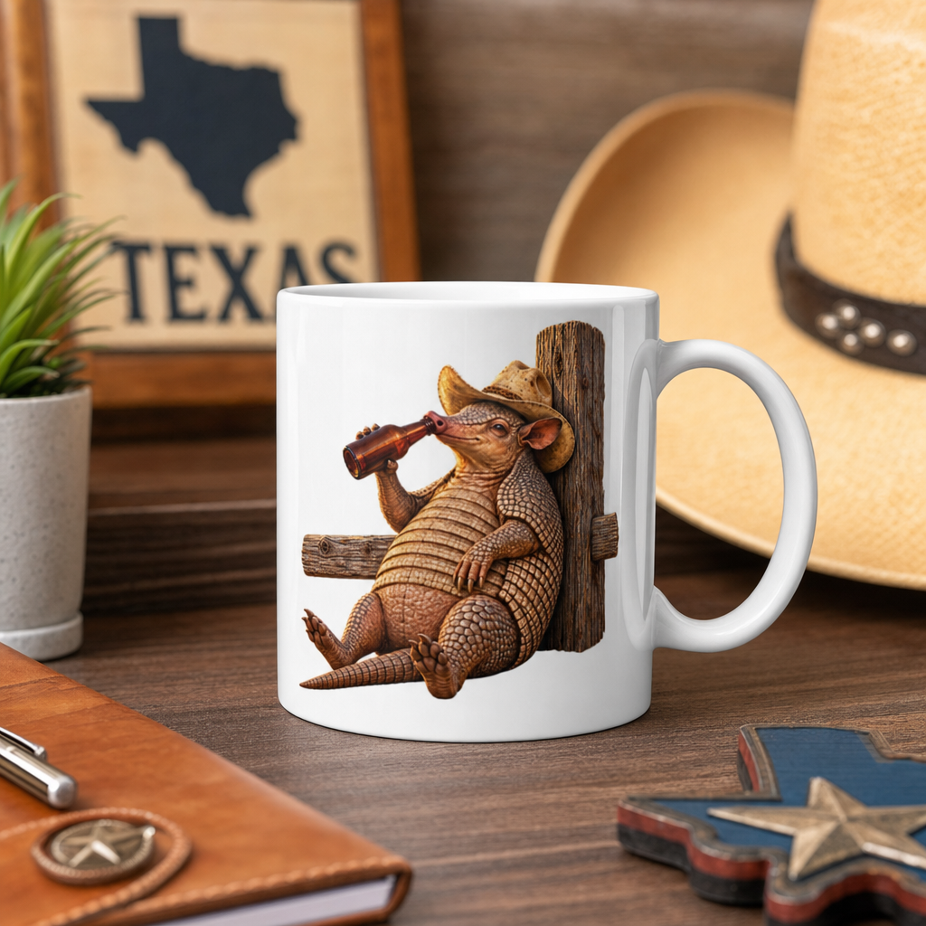 Funny Armadillo Coffee Mug, Texas Cowboy Mug, Beer Drinking Armadillo Gift, Western Coffee Cup, Funny Texas Gift for Him