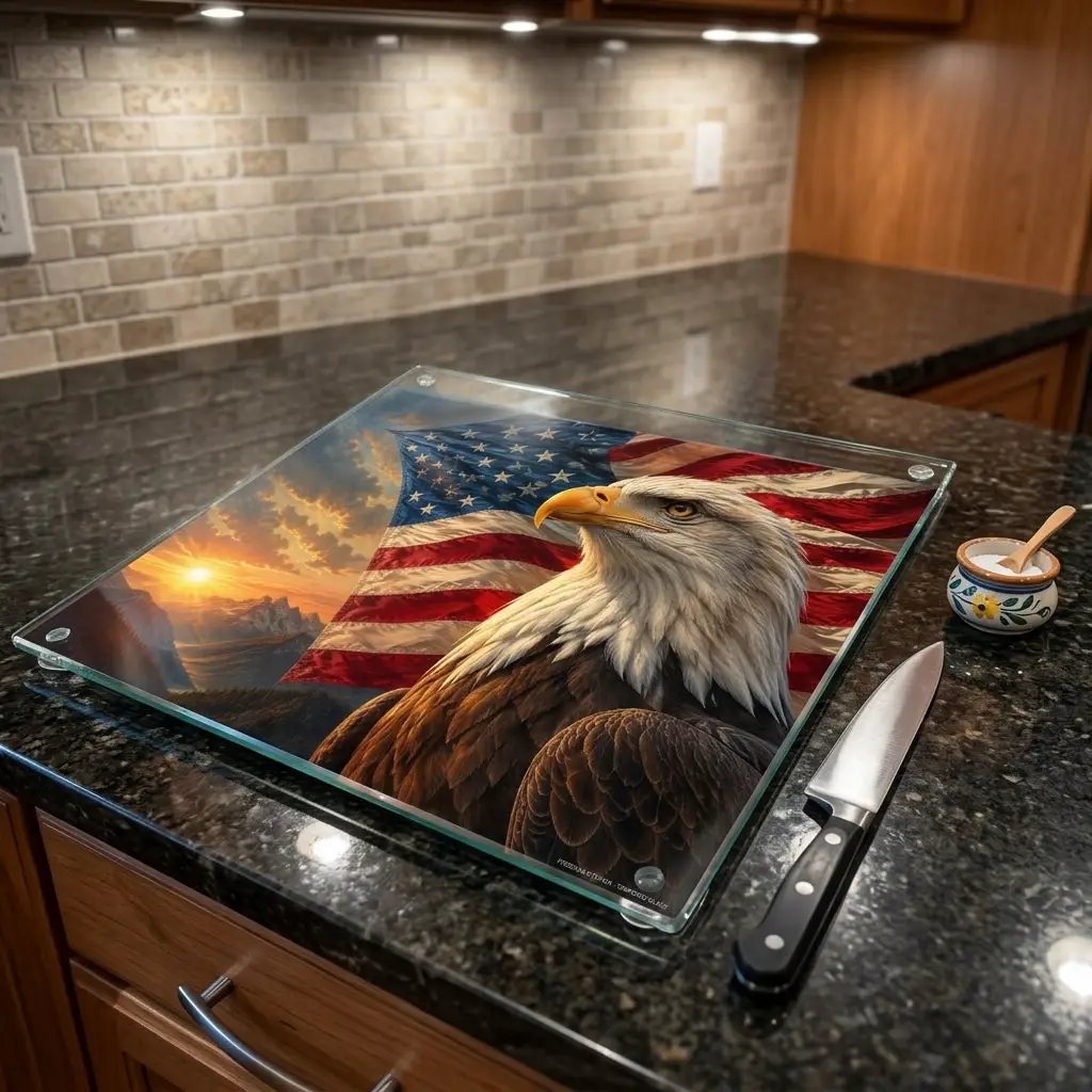 Patriotic Eagle Cutting Board, American Flag Glass Cutting Board, Bald Eagle Kitchen Decor, USA Patriotic Gift, Americana Home Decor