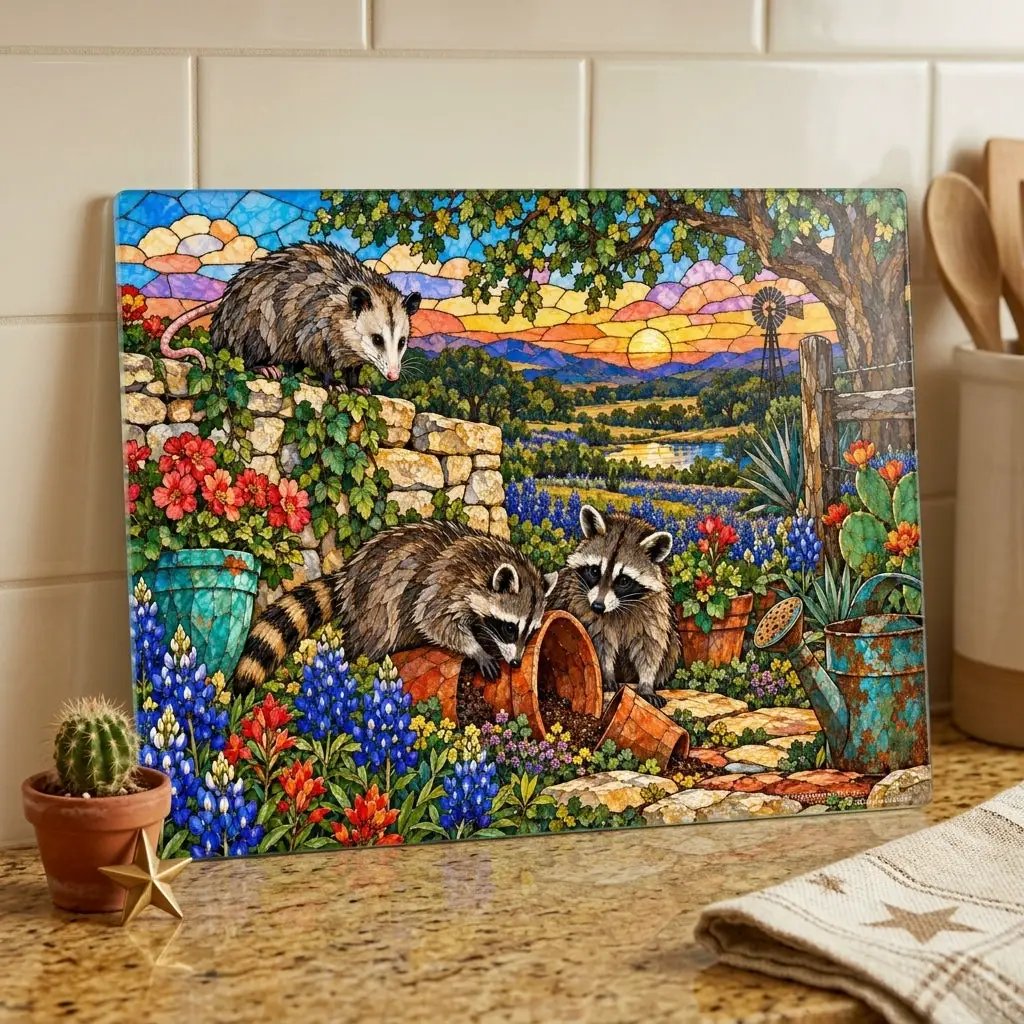 Mischief Opossum Glass Cutting Board, Texas Wildlife Kitchen Decor, Bluebonnet Possum Art, Funny Country Kitchen Gift, Texas Gift