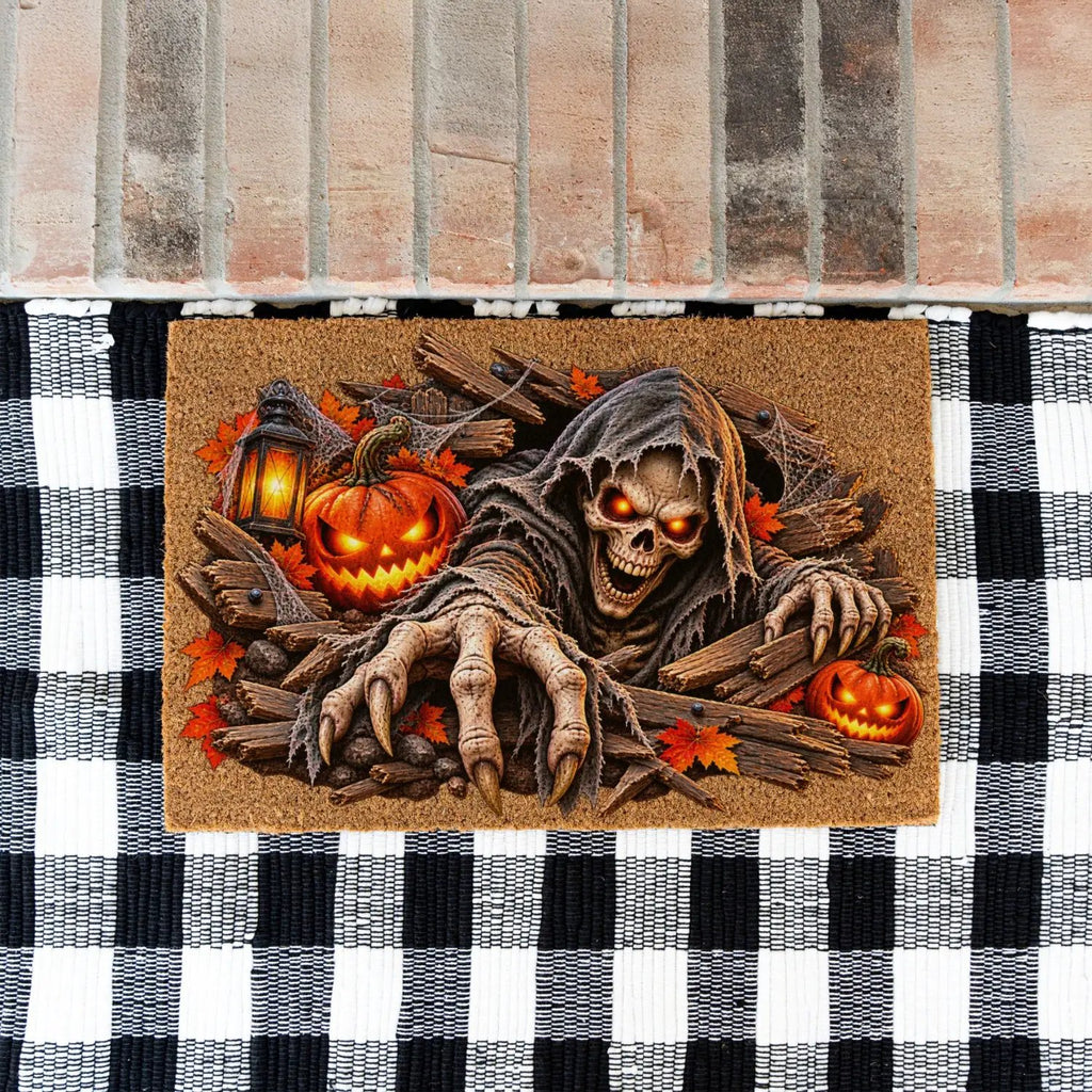 Horror Skeleton Doormat, Grim Reaper Halloween Coir Mat, Creepy Skeleton Welcome Mat, Scary Pumpkin Porch Decor, Haunted Door Mat
