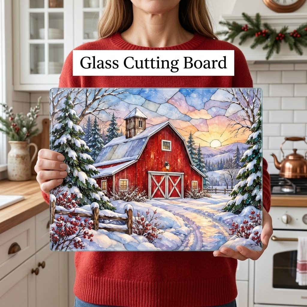 Winter Country Barn Glass Cutting Board, Red Barn Farmhouse Kitchen Decor, Snowy Rustic Country Christmas Gift
