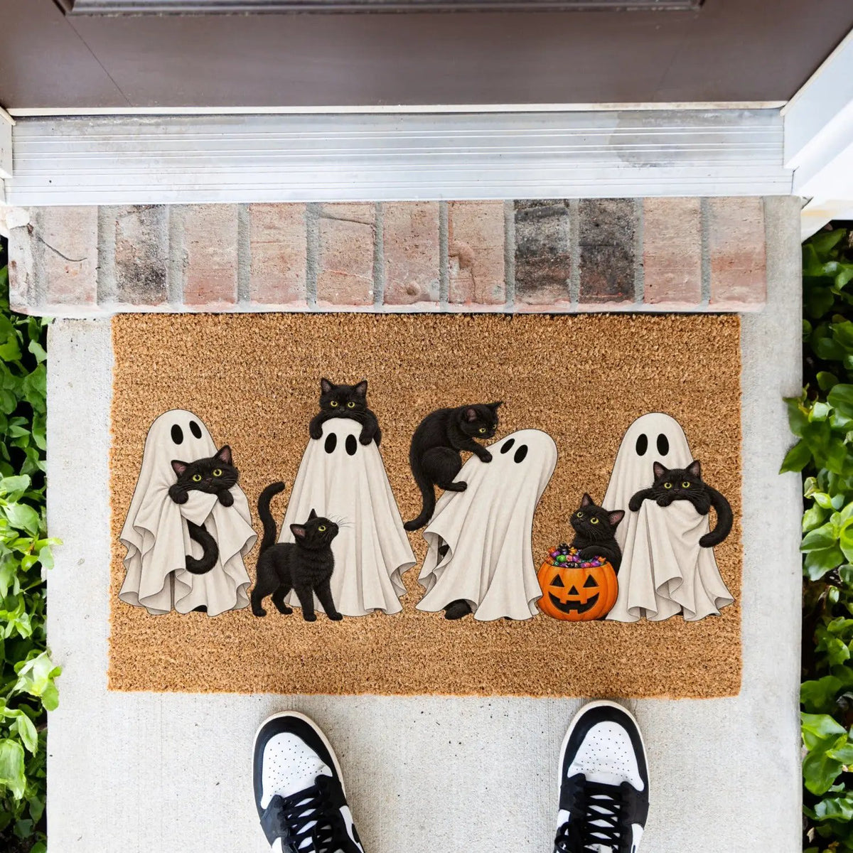 Halloween Black Cat Doormat, Cute Ghost Welcome Mat, Funny Cat Halloween Decor, Spooky Fall Porch Decor, Cat Lover Gift, Coir Door Mat