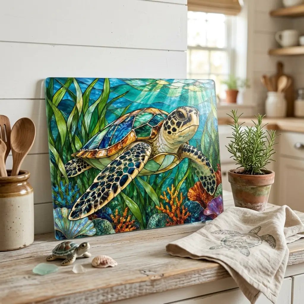 Sea Turtle Glass Cutting Board, Ocean Kitchen Decor, Marine Life Chopping Board, Coastal Cooking Gift, Underwater Turtle Artwork, Coral Reef