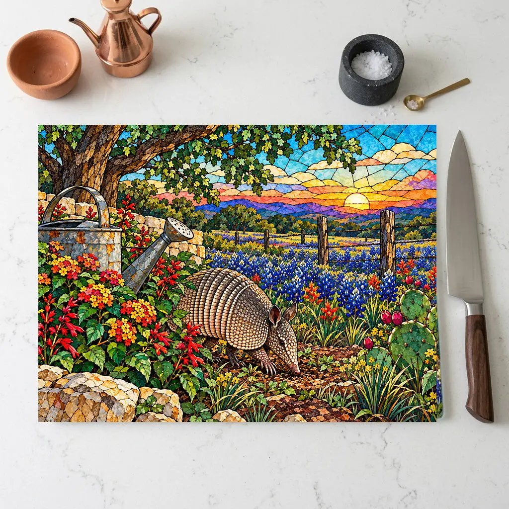 Texas Armadillo Glass Cutting Board, Bluebonnet Kitchen Decor, Stained Glass Style Texas Wildlife Gift, Country Garden Housewarming Gift