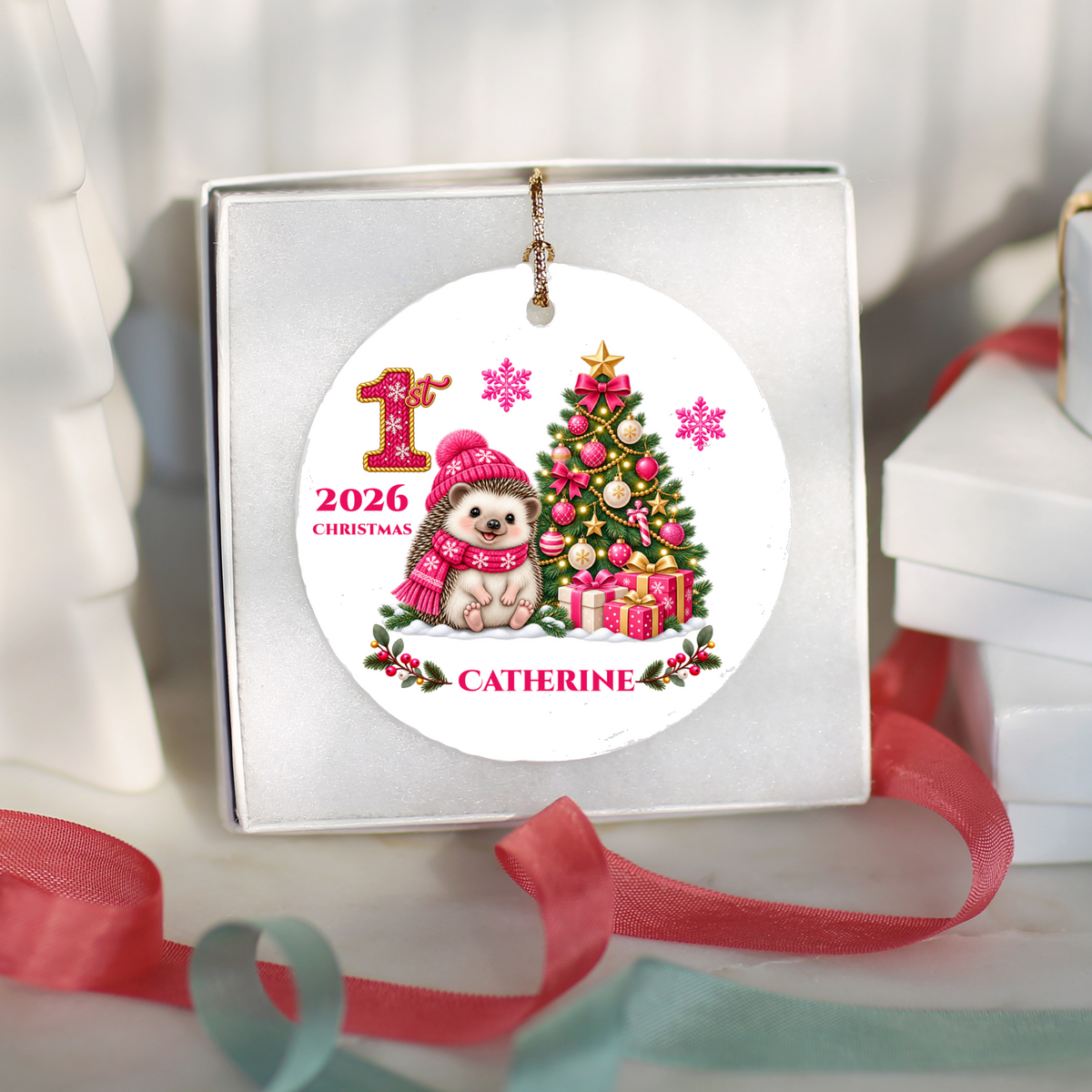 Hedgehog Baby Personalized Christmas Ornament Pink, Baby's 1st 2nd 3rd Christmas, Custom Name Year Ceramic Keepsake, Girl Gift