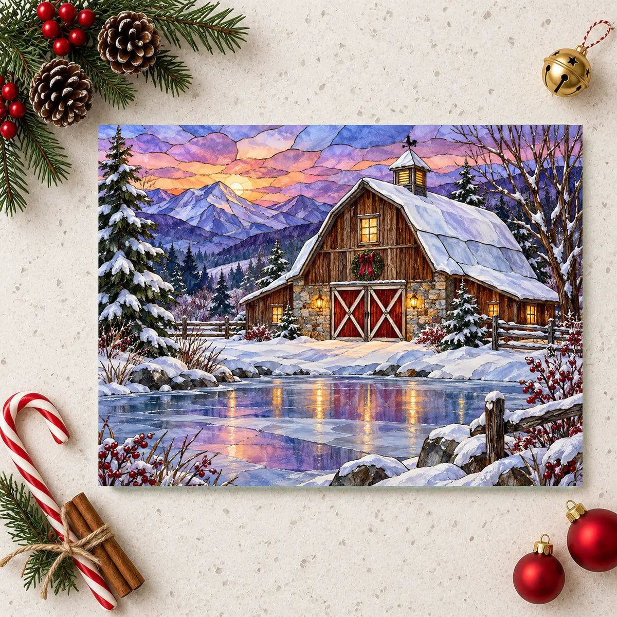 Evergreen Winter Barn Glass Cutting Board, Country Farmhouse Kitchen Decor, Snowy Mountain Barn Christmas Gift