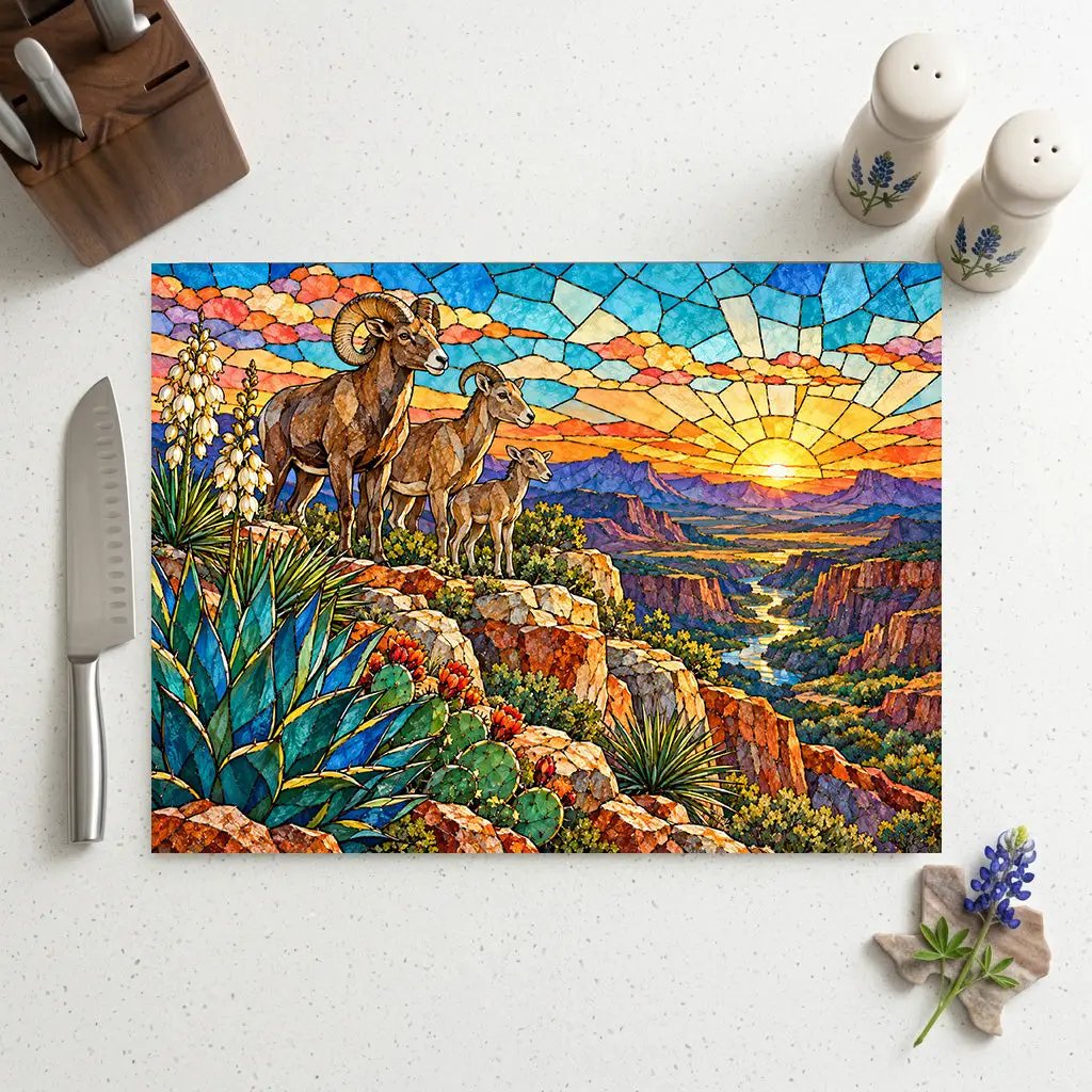 Bighorn Sheep Glass Cutting Board, Texas Wildlife Kitchen Decor, Stained Glass Desert Landscape, Southwestern Cutting Board, Wildlife Gift