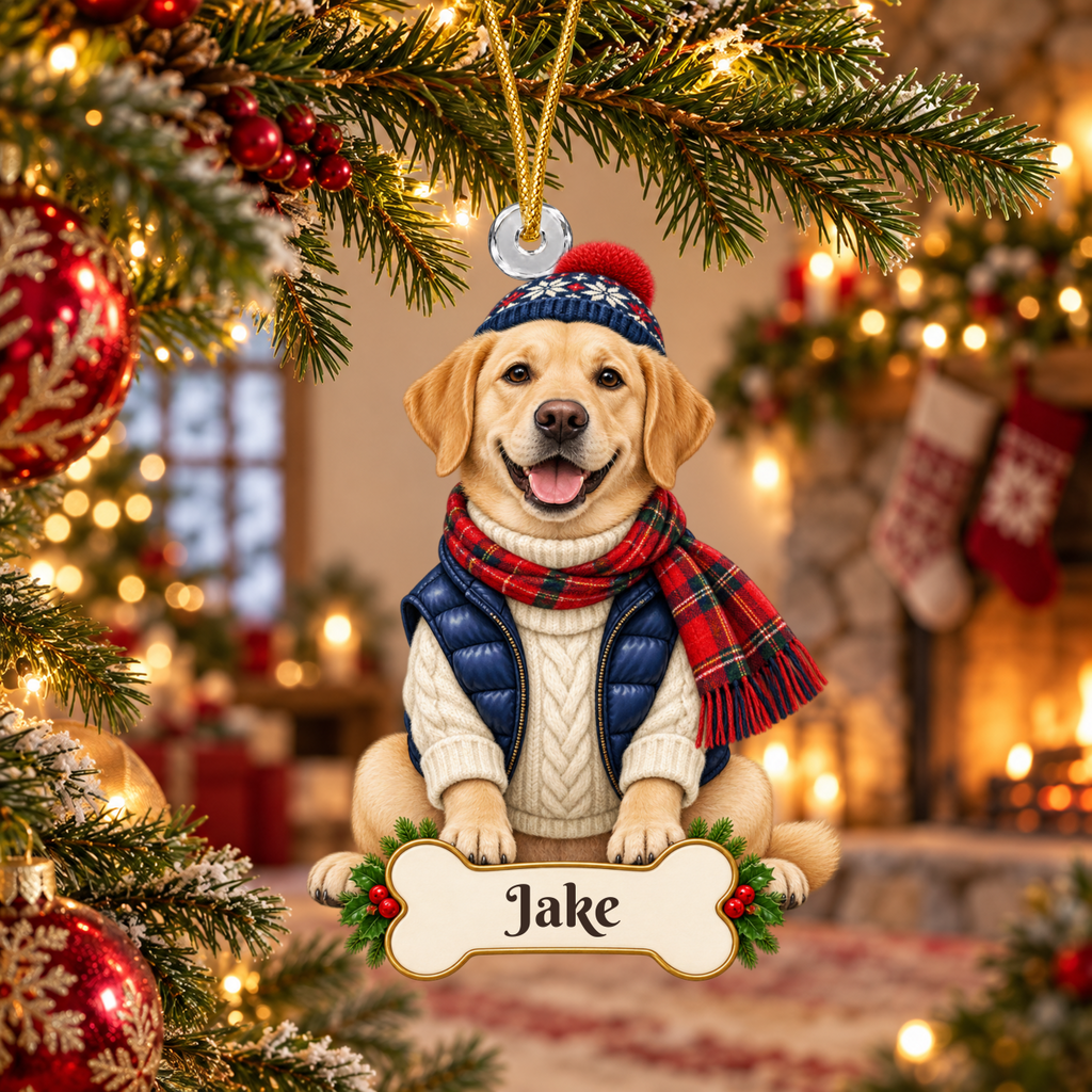 Personalized Alpine Skier Dog Christmas Ornament from Photo, Custom Pet Portrait Acrylic Cutout, Winter Sweater Dog Ornament, Dog Lover Gift