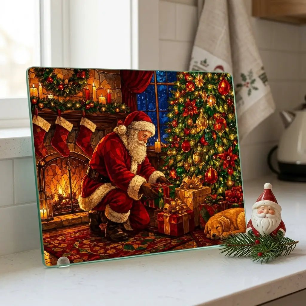 Santa Christmas Glass Cutting Board, Santa and Puppy Kitchen Decor, Christmas Eve Serving Board, Stained Glass Holiday Gift, Santa Decor