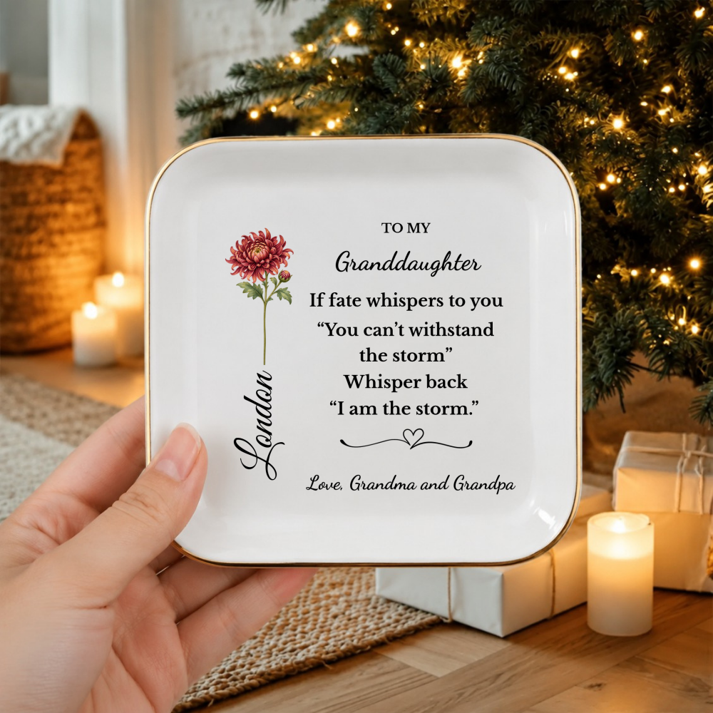 Personalized Birth Flower Jewelry Dish for Daughter or Granddaughter, I Am the Storm Quote, Custom Name Ring Dish, Inspirational Gift